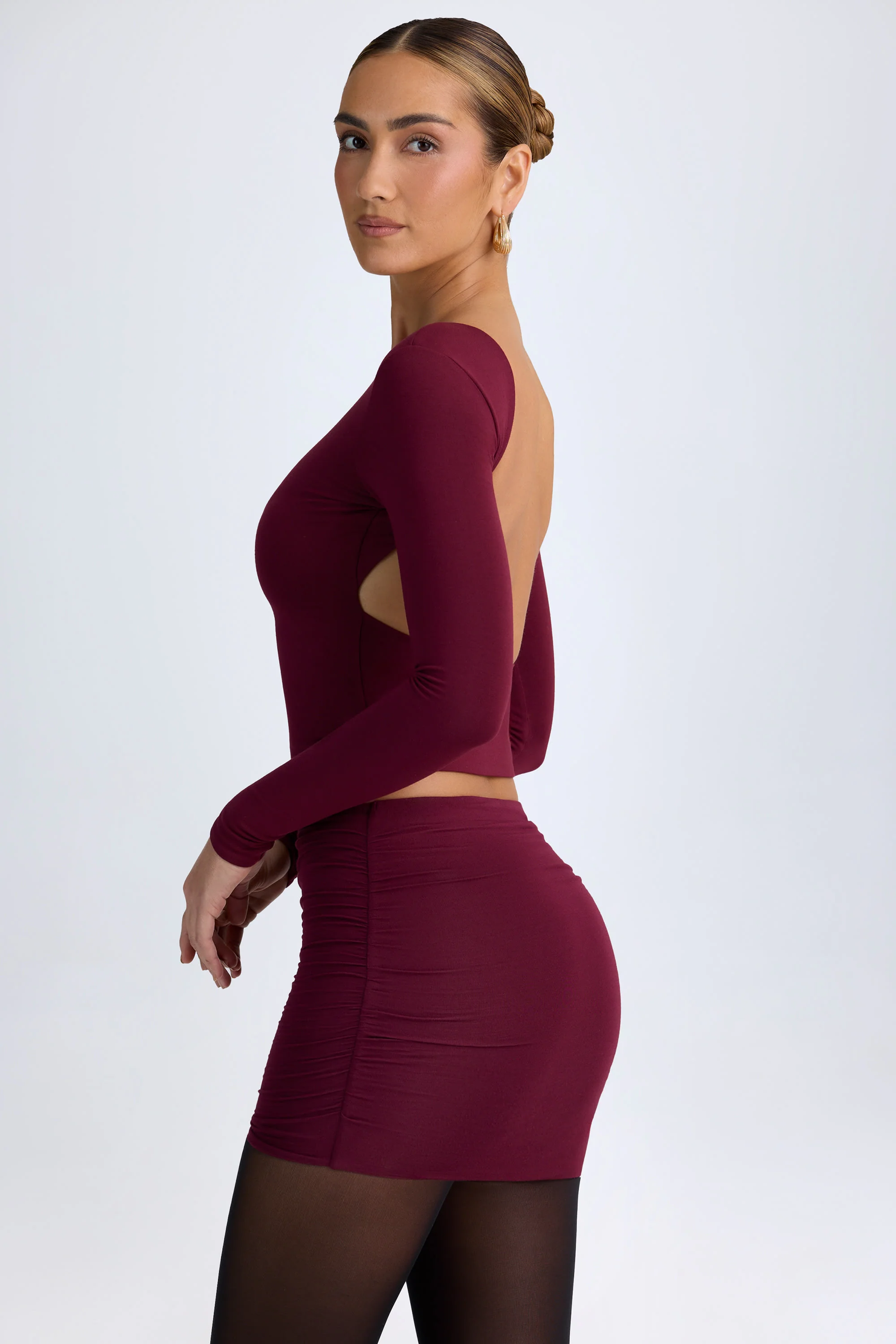 Modal High Neck Long Sleeve Open Back Top in Wine Red - Image 6