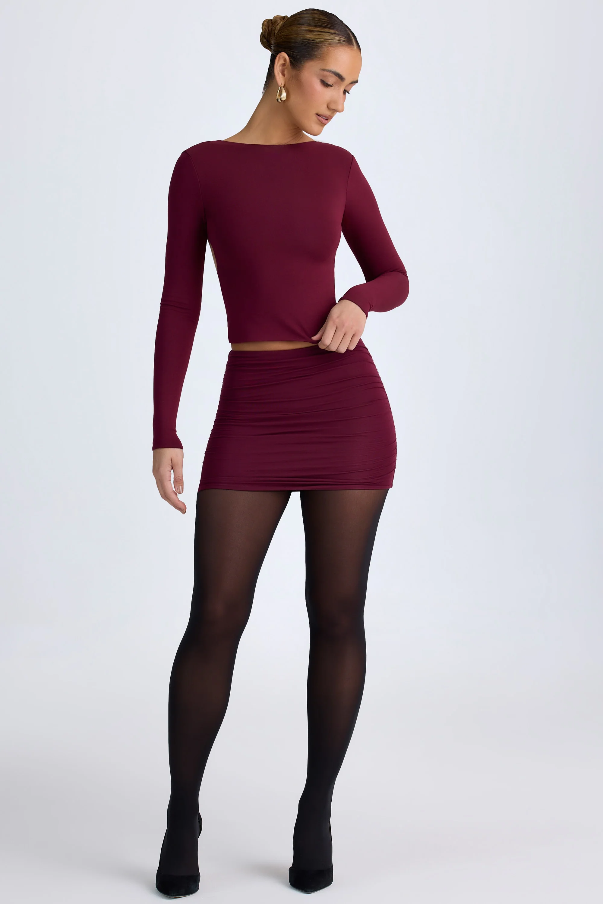 Modal High Neck Long Sleeve Open Back Top in Wine Red - Image 7