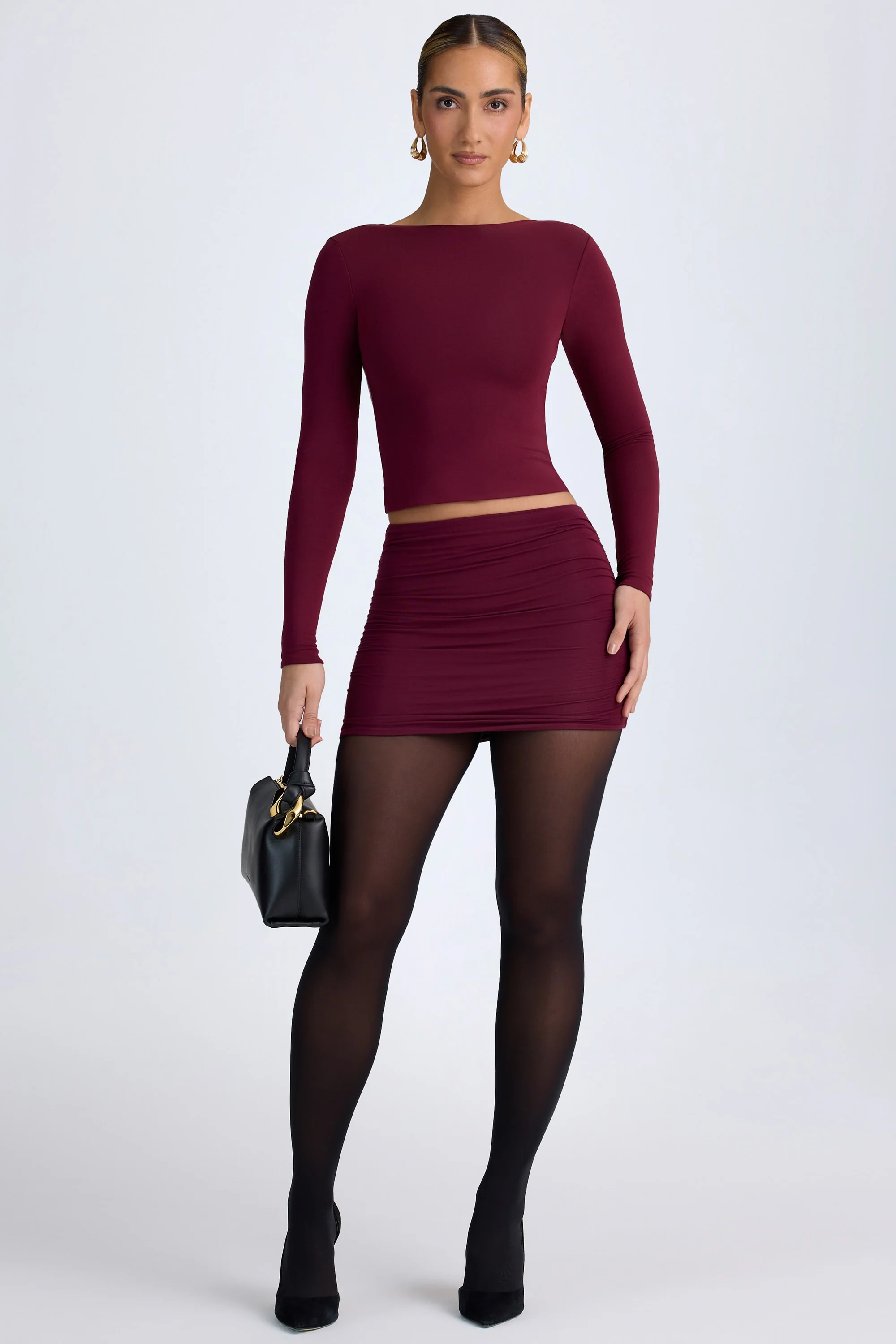 Modal High Neck Long Sleeve Open Back Top in Wine Red - Image 8