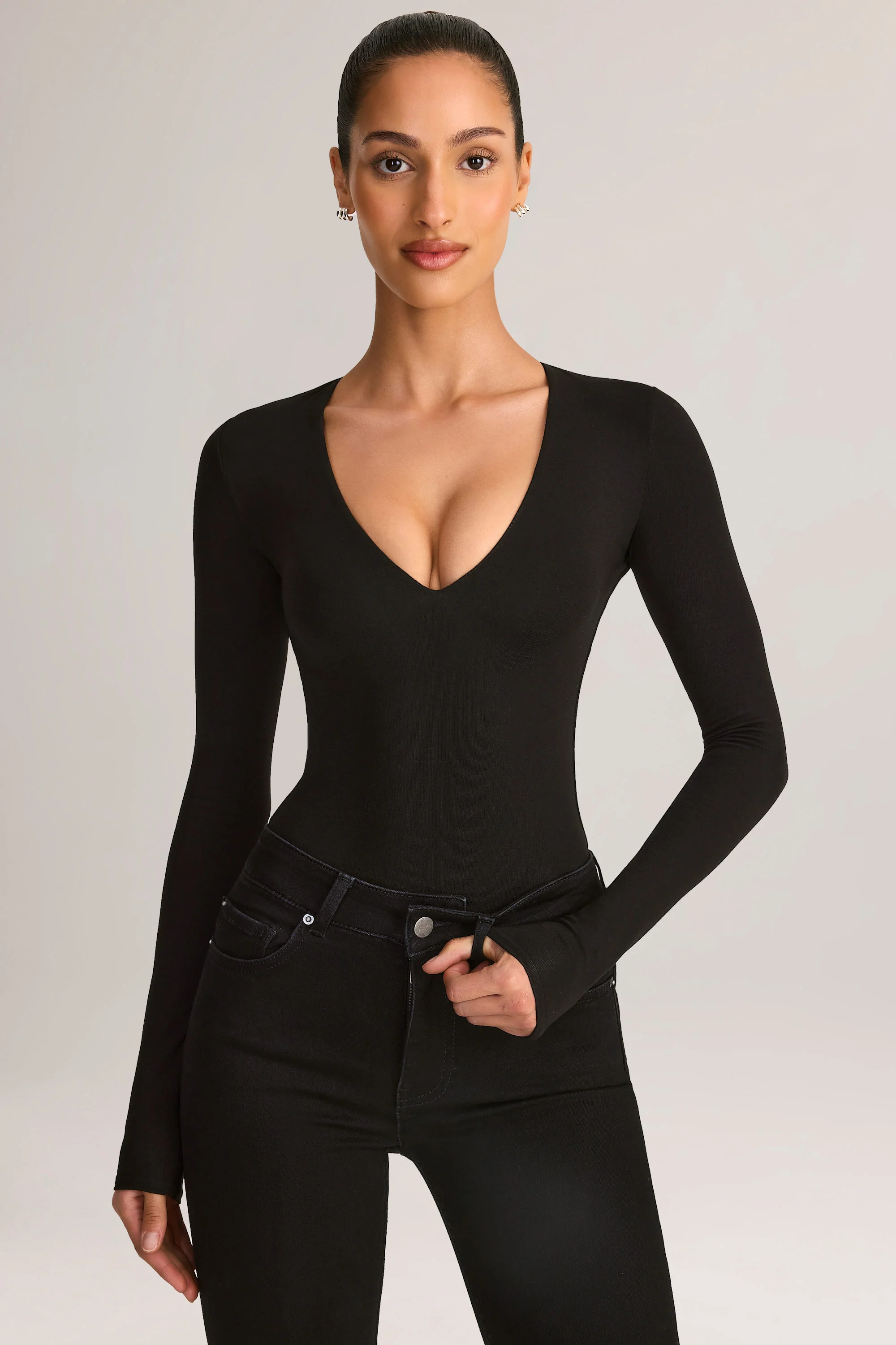 Modal Plunge Long-Sleeve Bodysuit in Black - Image 5