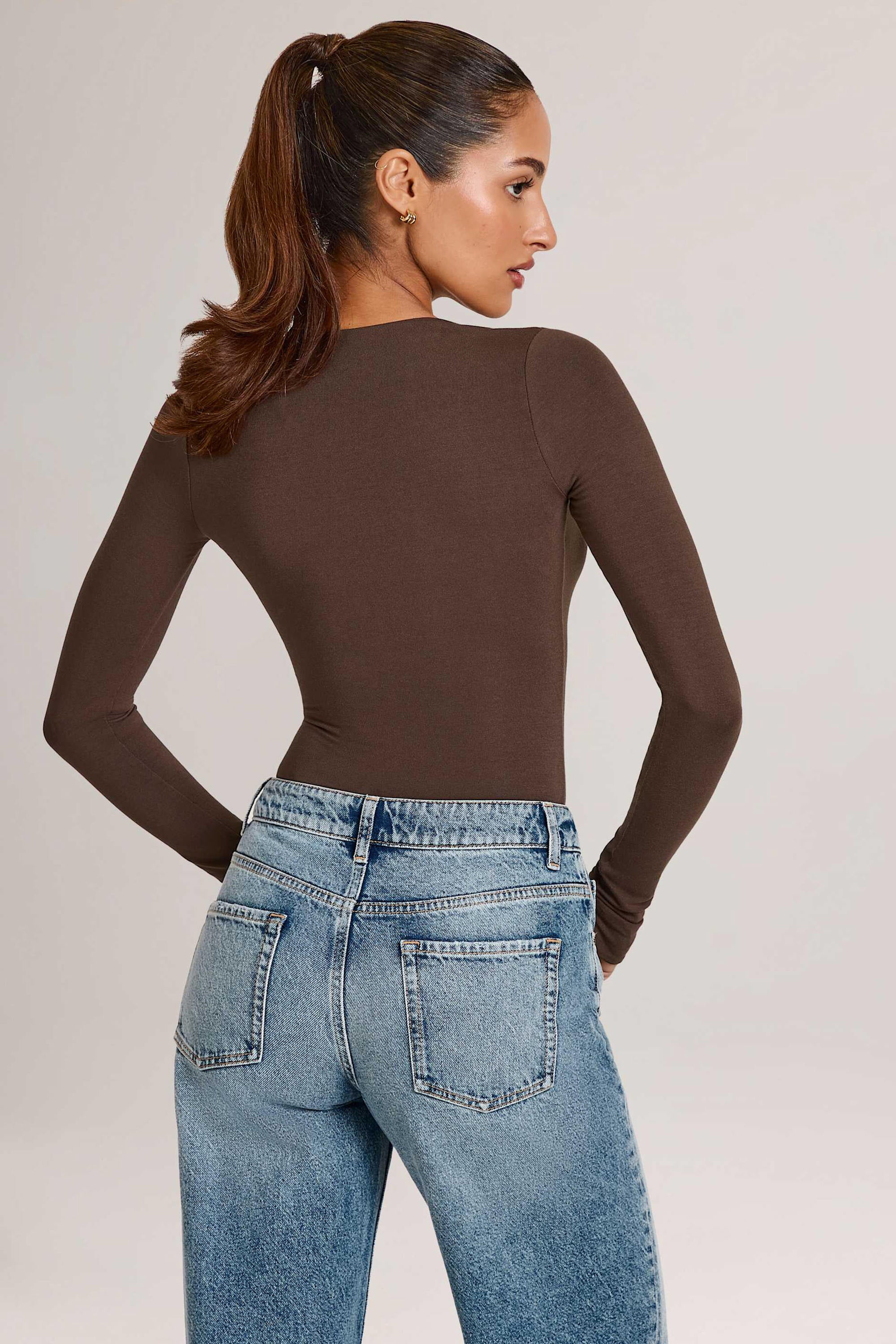 Modal Plunge Long-Sleeve Bodysuit in Chocolate Brown - Image 2