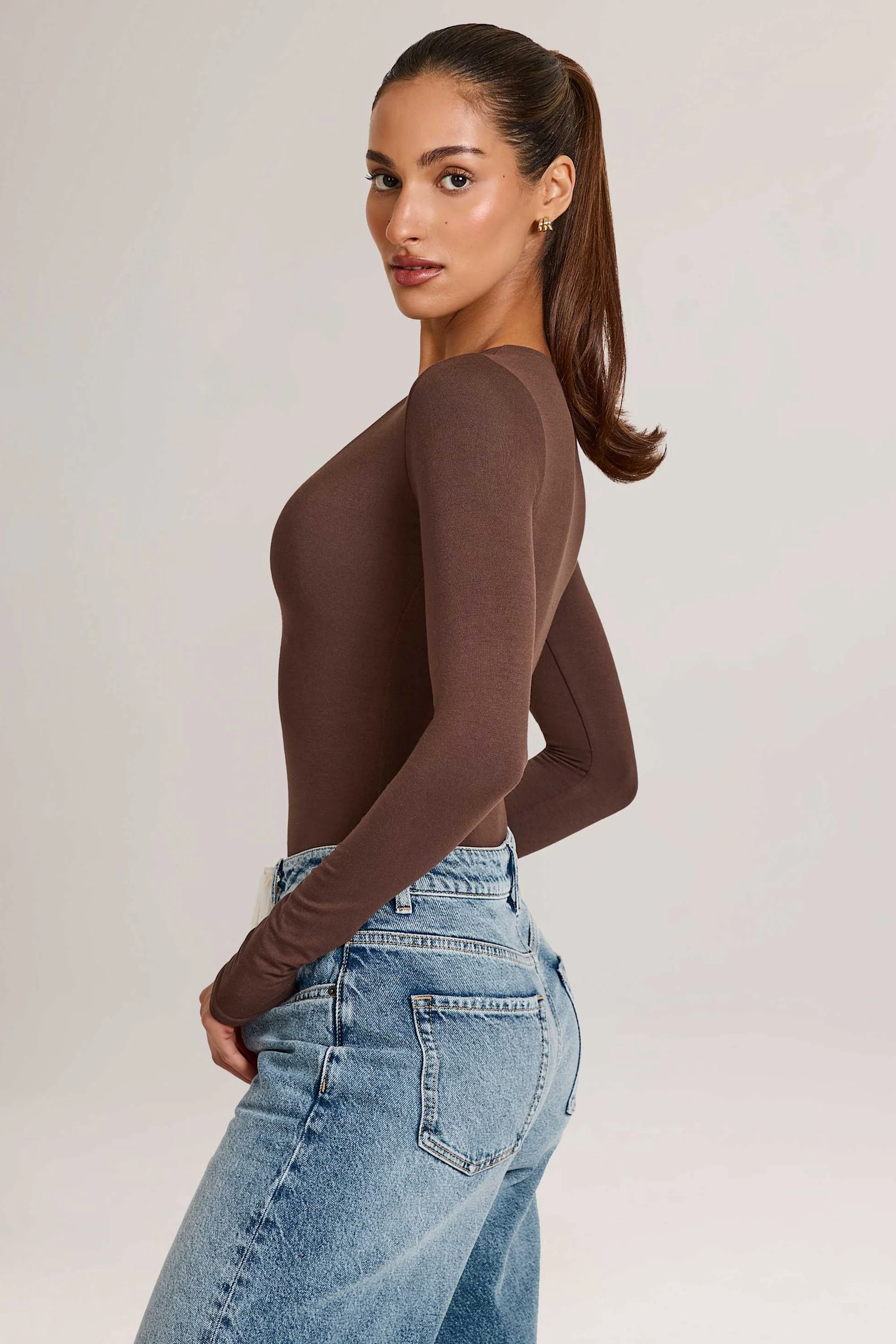 Modal Plunge Long-Sleeve Bodysuit in Chocolate Brown - Image 3