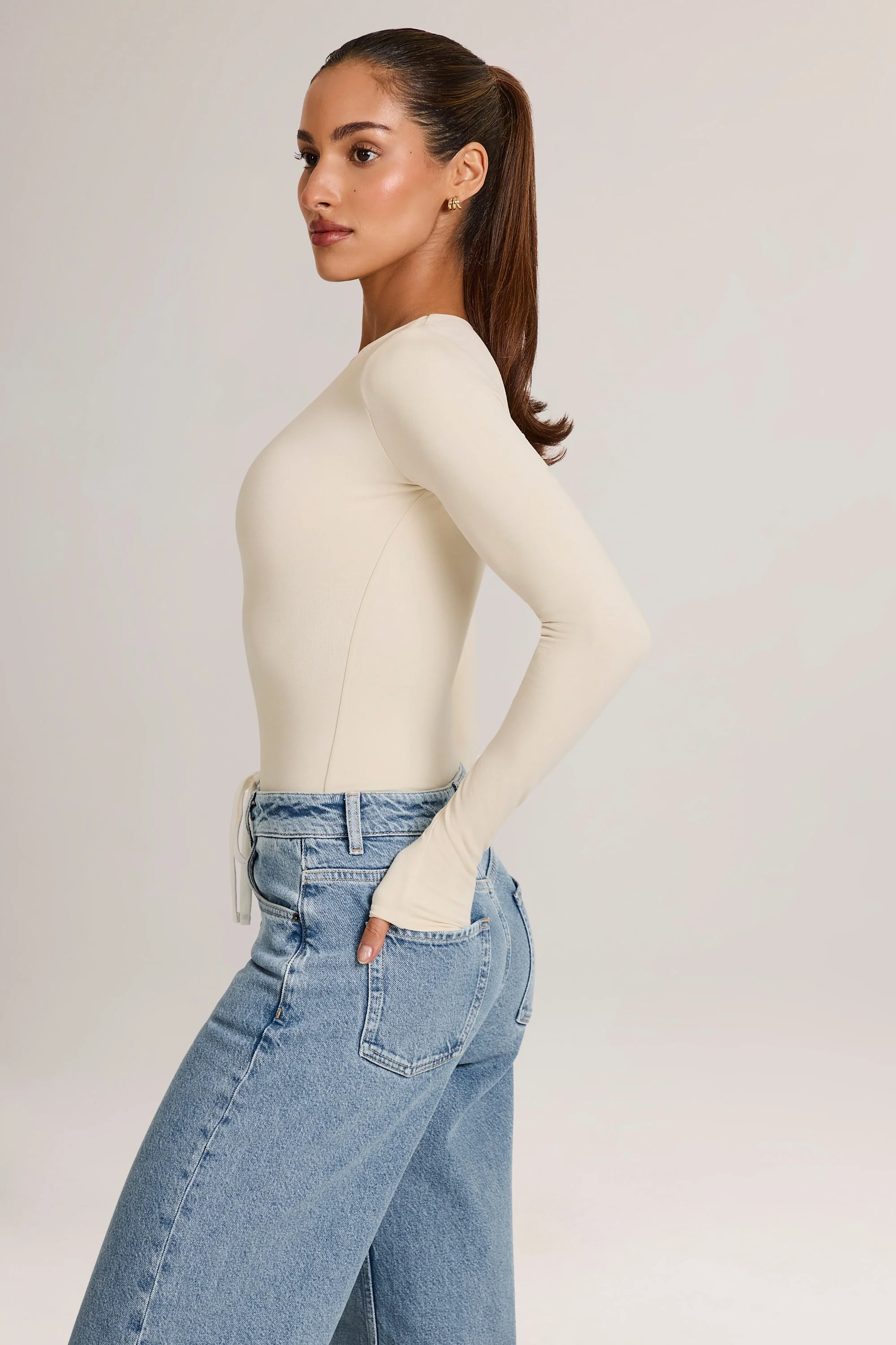 Modal Plunge Long-Sleeve Bodysuit  in Ivory - Image 3