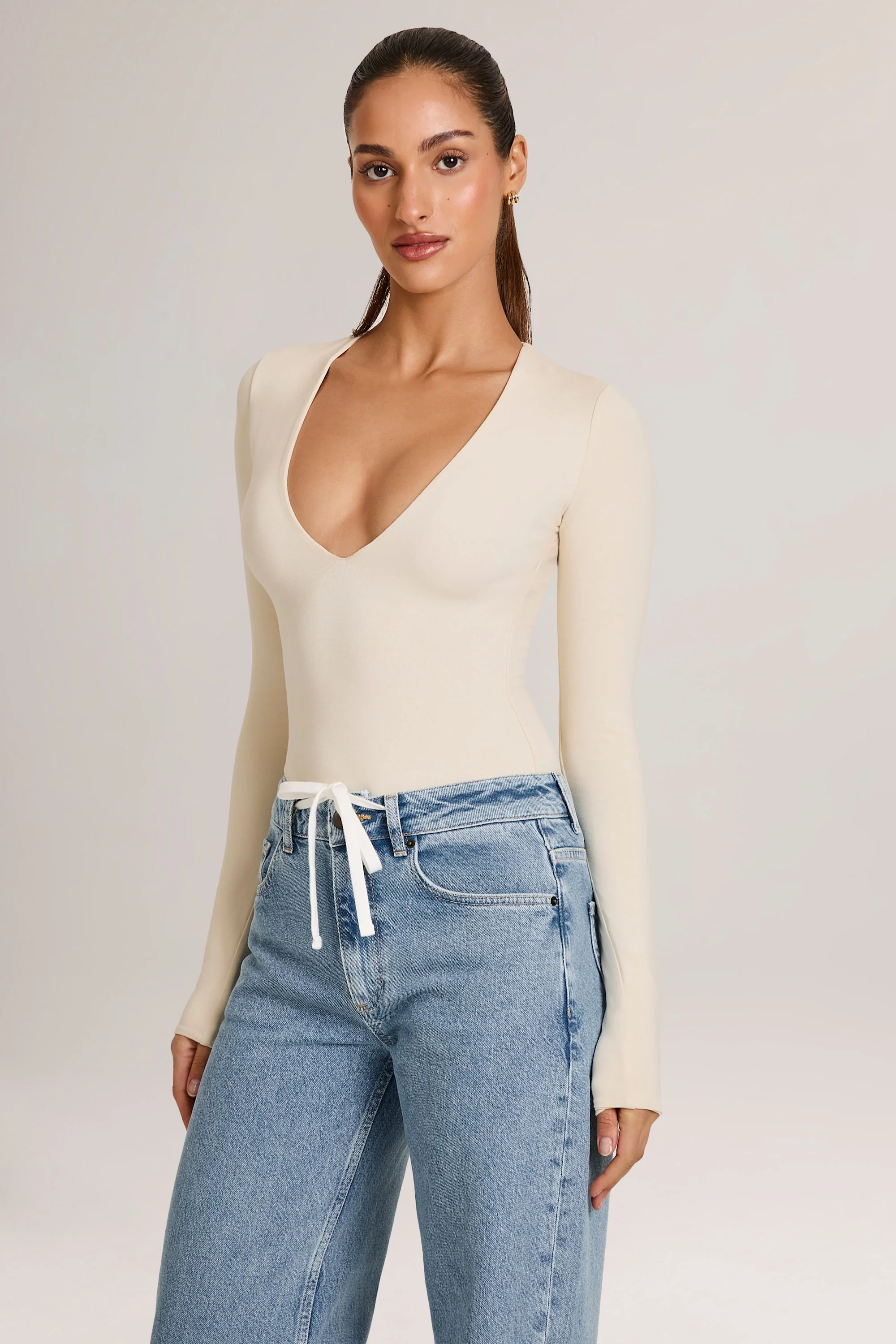 Modal Plunge Long-Sleeve Bodysuit  in Ivory - Image 4