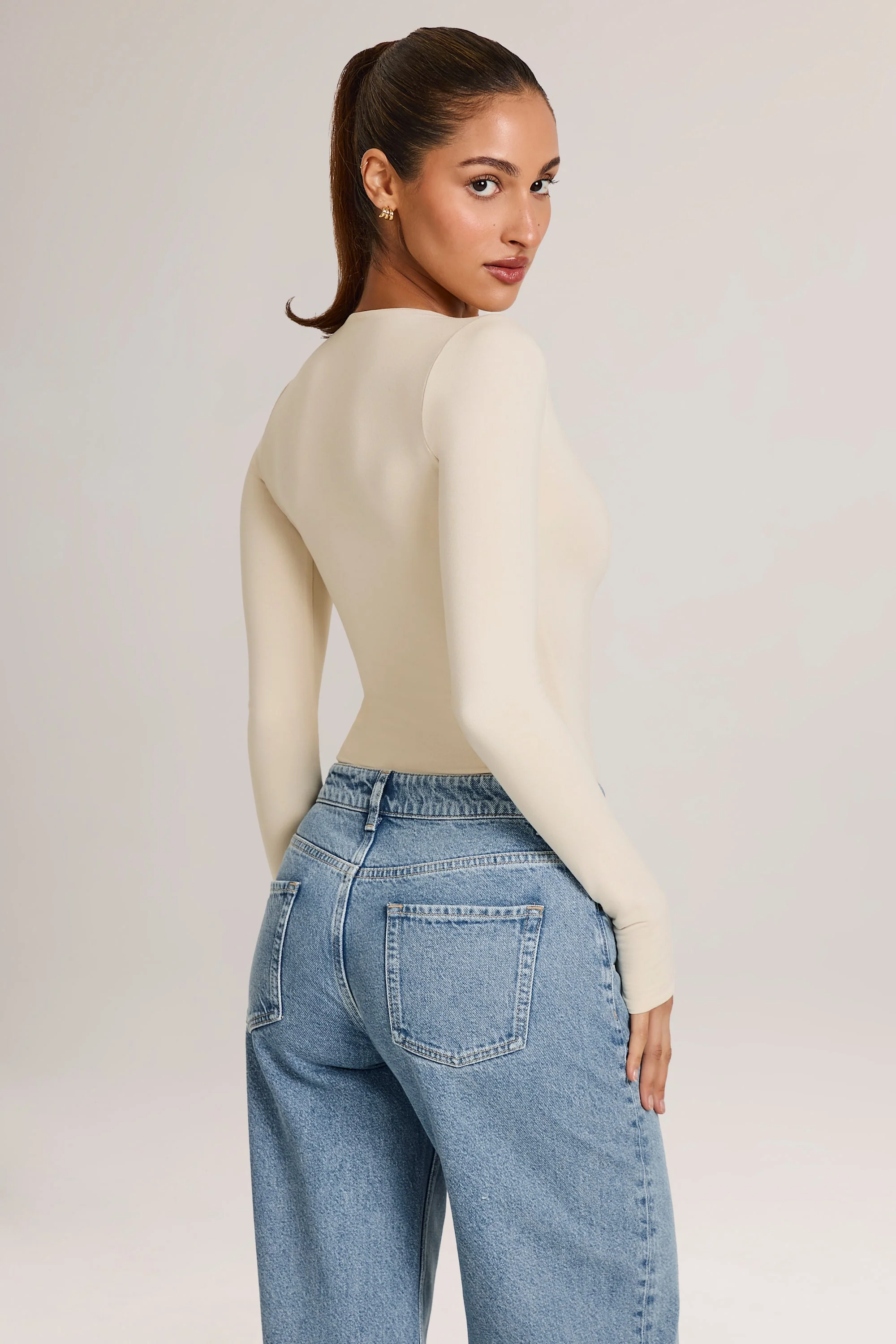 Modal Plunge Long-Sleeve Bodysuit  in Ivory - Image 5