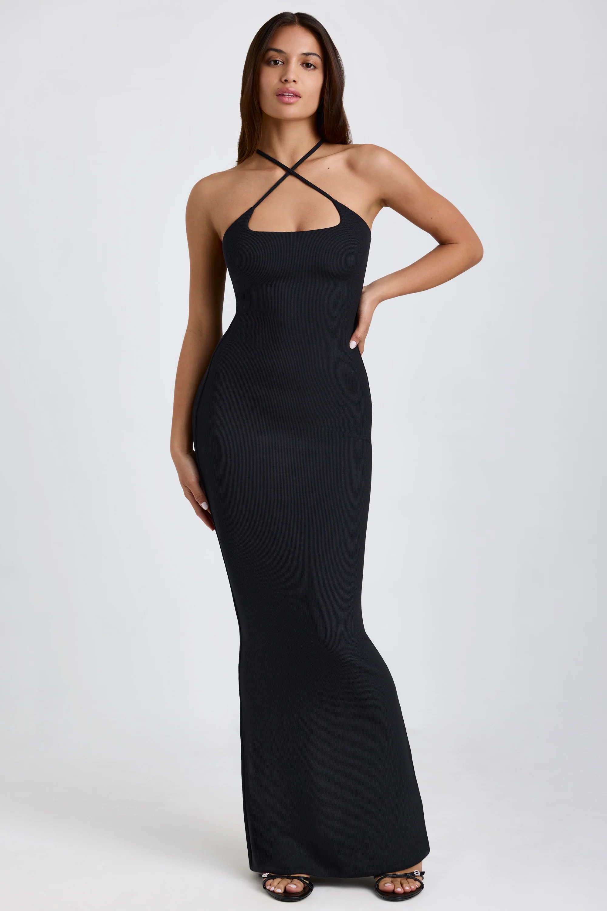 Ribbed Modal Halterneck Maxi Dress in Black - Image 6