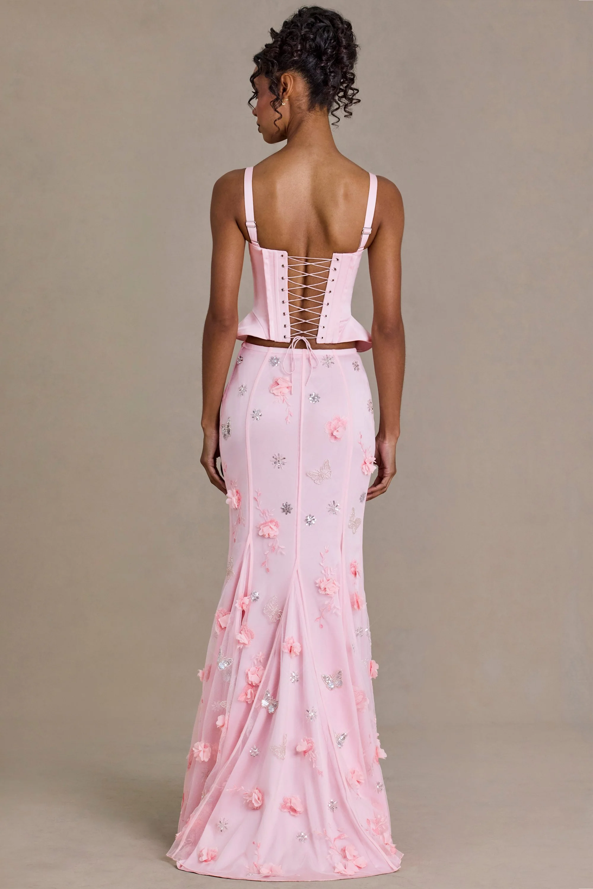 Satin Lace-Up Corset Top in Baby Pink - Image 2