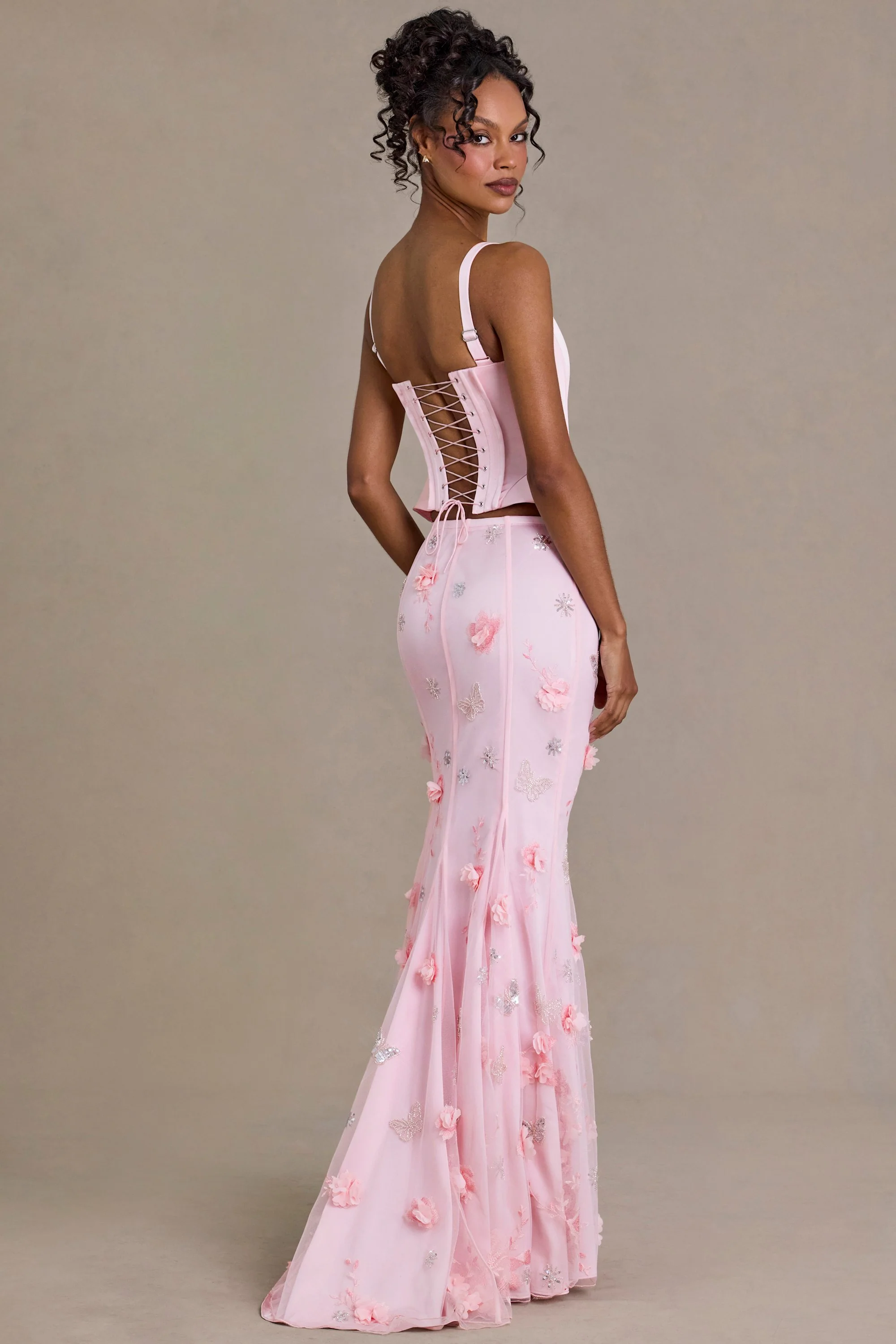 Satin Lace-Up Corset Top in Baby Pink - Image 5