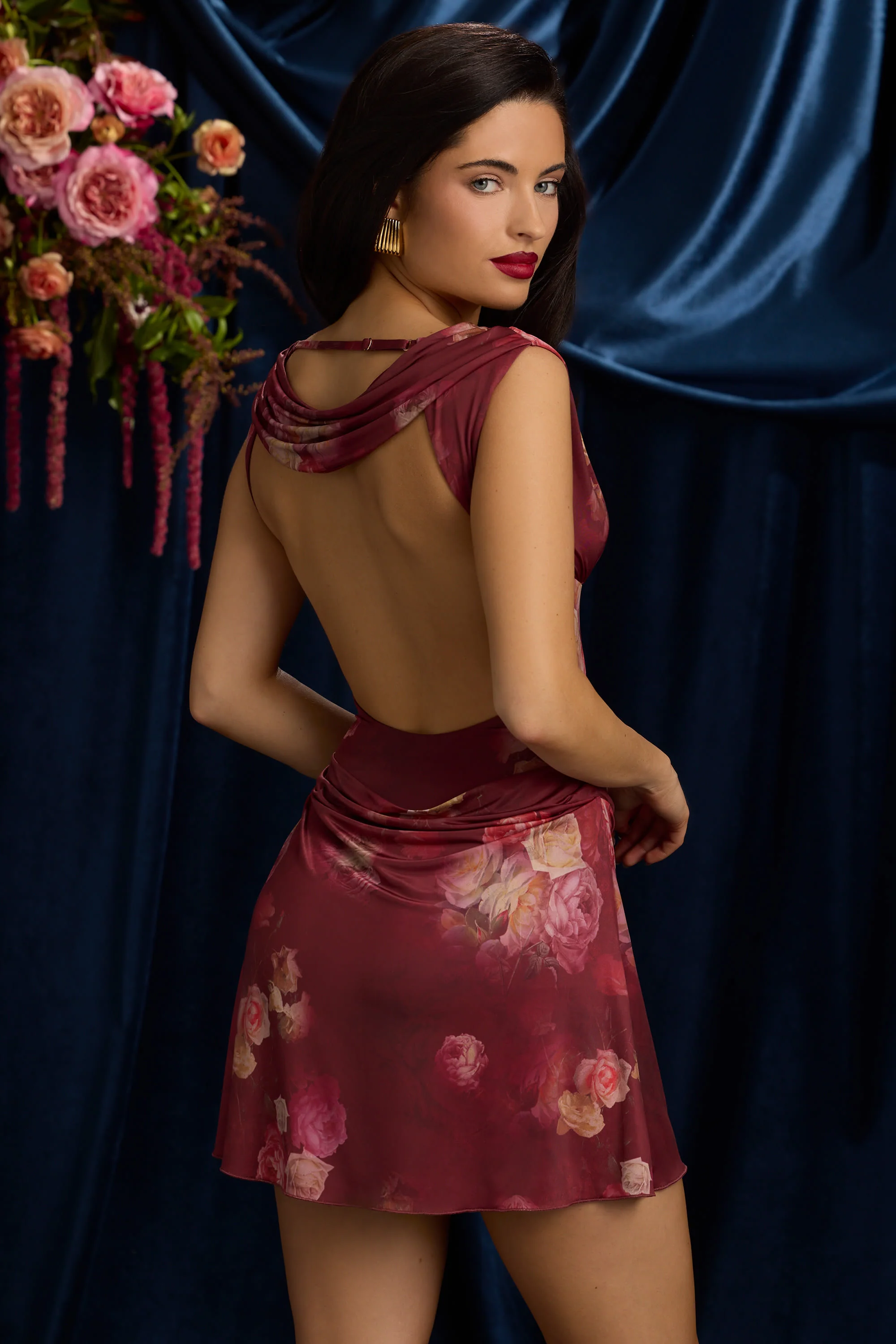 Draped Open-Back A-Line Mini Dress in Maroon Floral Print - Image 10