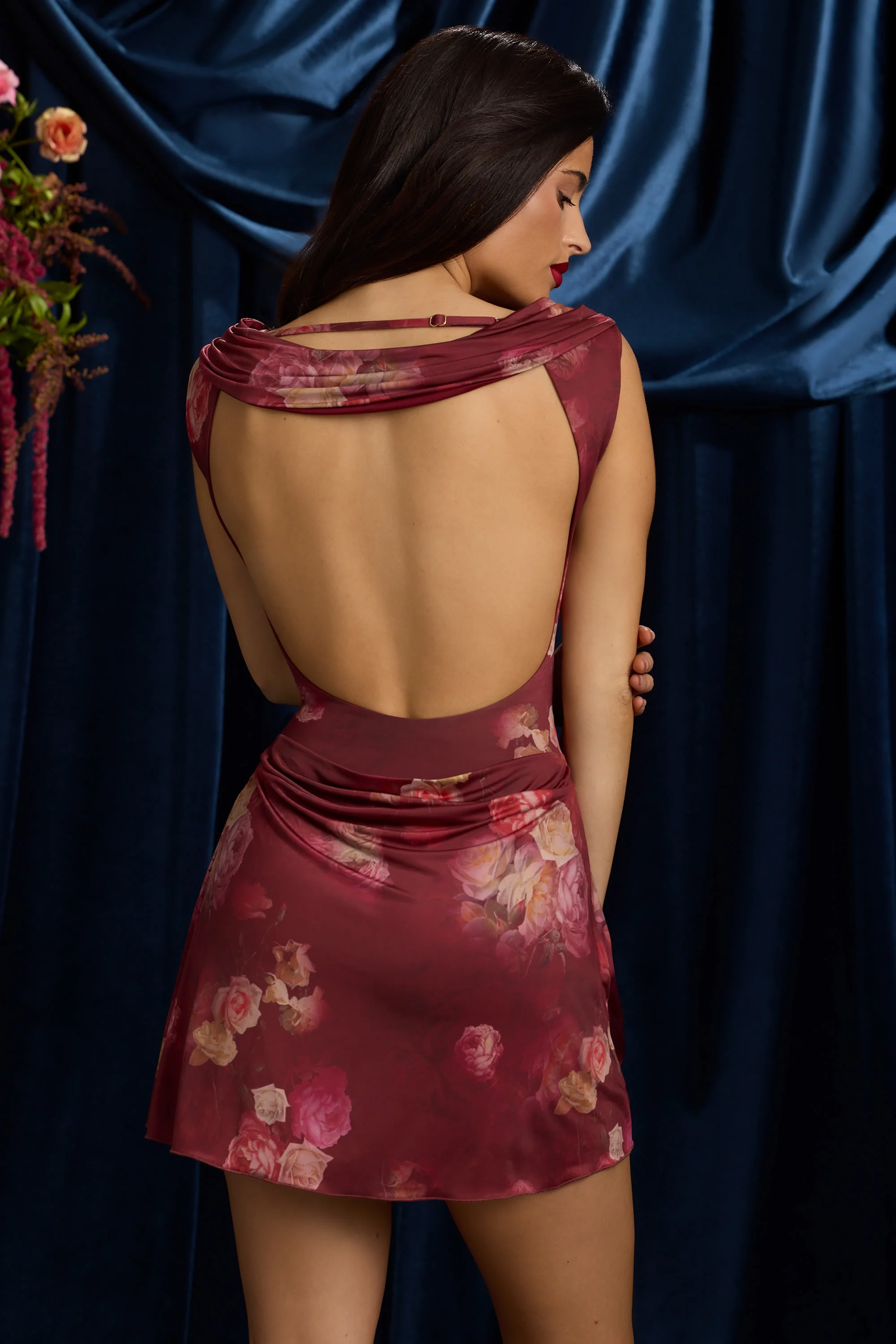 Draped Open-Back A-Line Mini Dress in Maroon Floral Print - Image 16