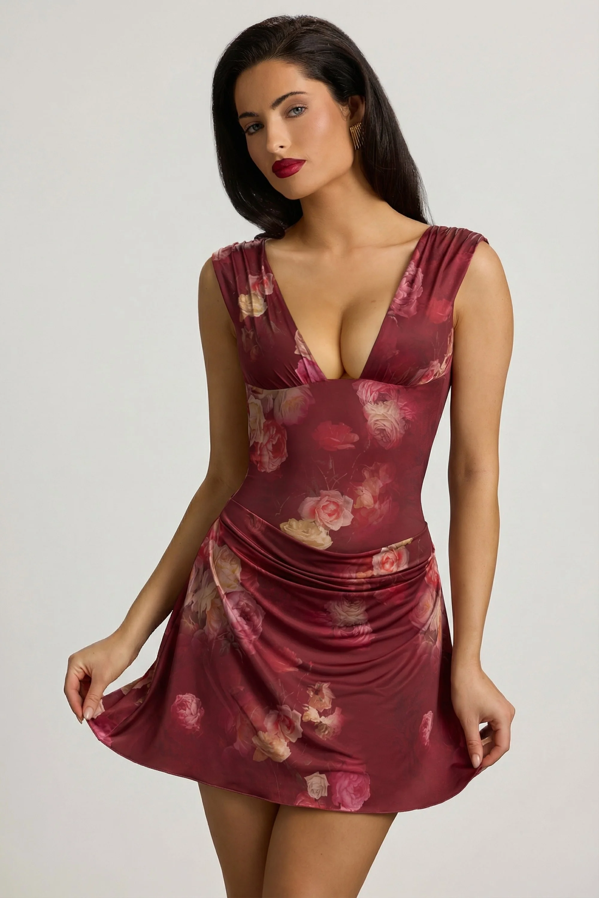 Draped Open-Back A-Line Mini Dress in Maroon Floral Print - Image 2