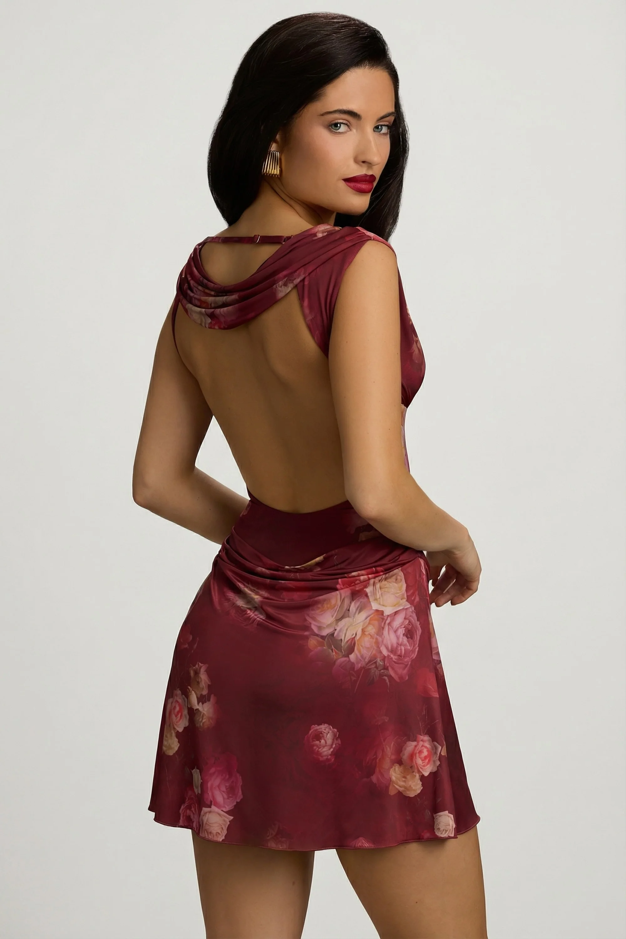 Draped Open-Back A-Line Mini Dress in Maroon Floral Print - Image 3