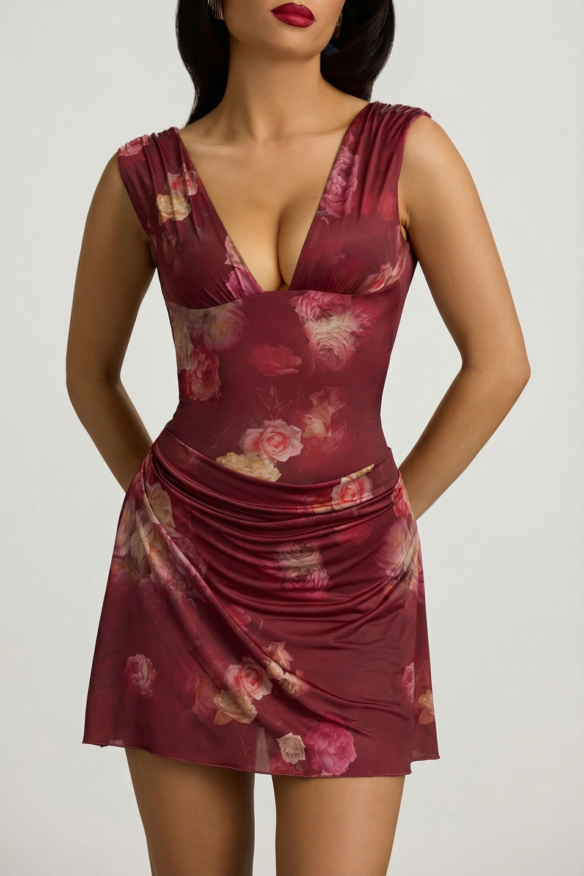Draped Open-Back A-Line Mini Dress in Maroon Floral Print - Image 4