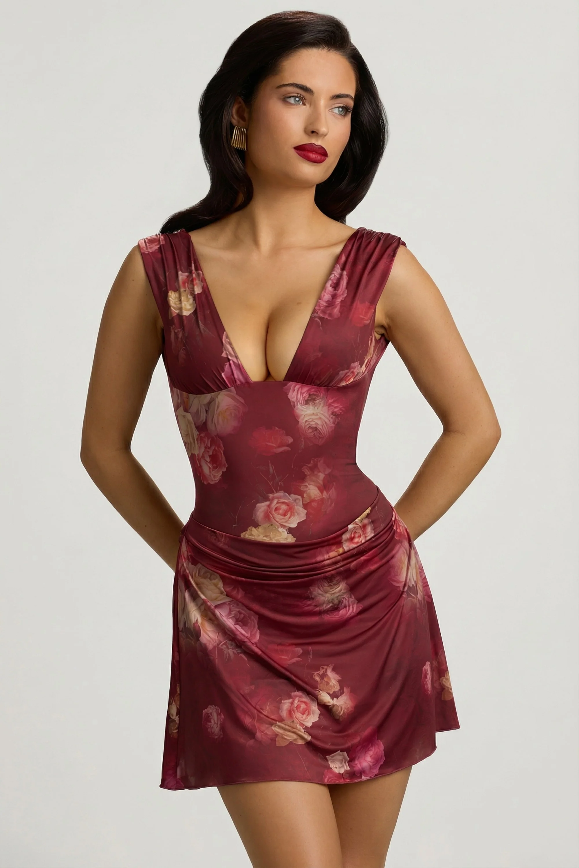 Draped Open-Back A-Line Mini Dress in Maroon Floral Print - Image 5