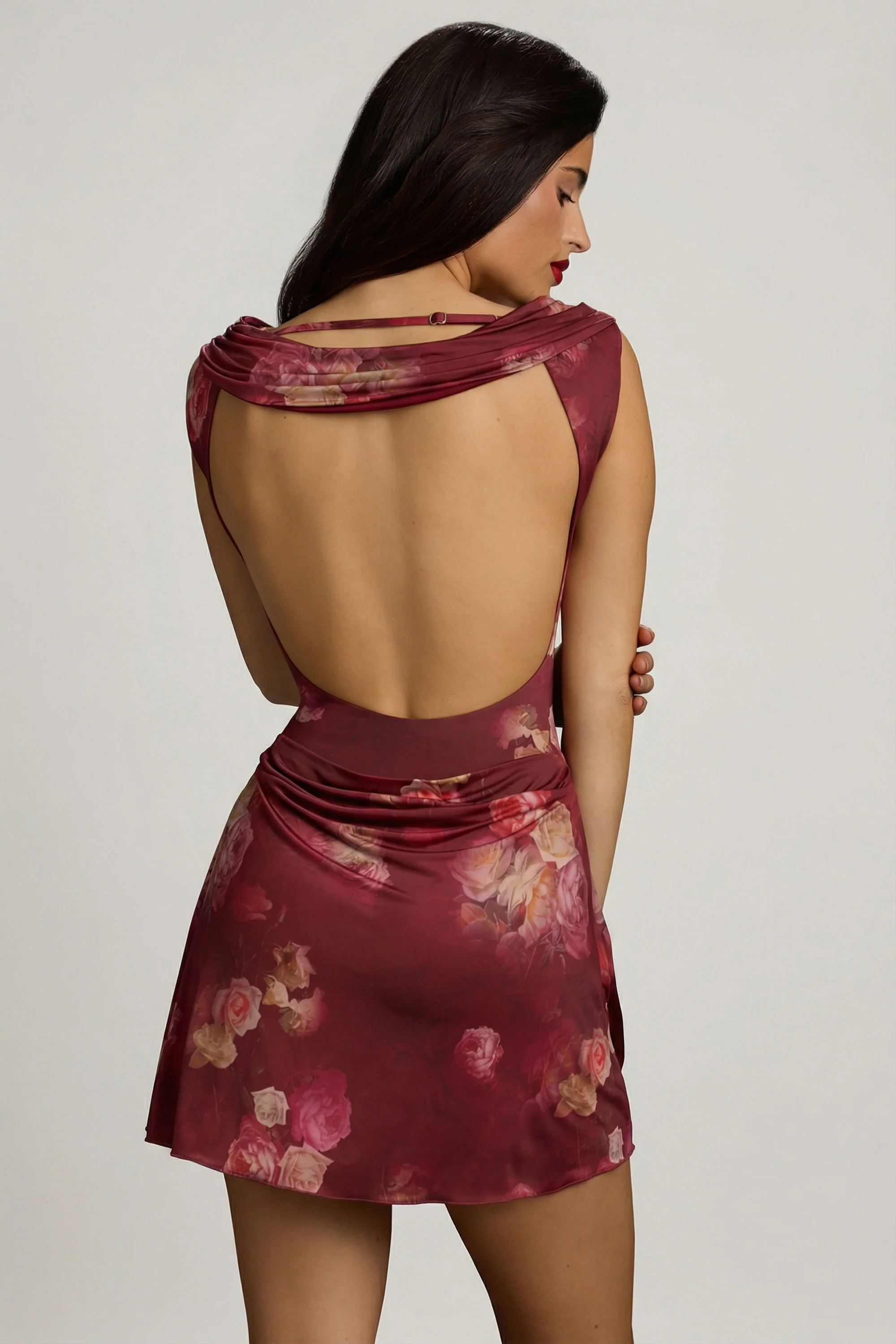 Draped Open-Back A-Line Mini Dress in Maroon Floral Print - Image 9