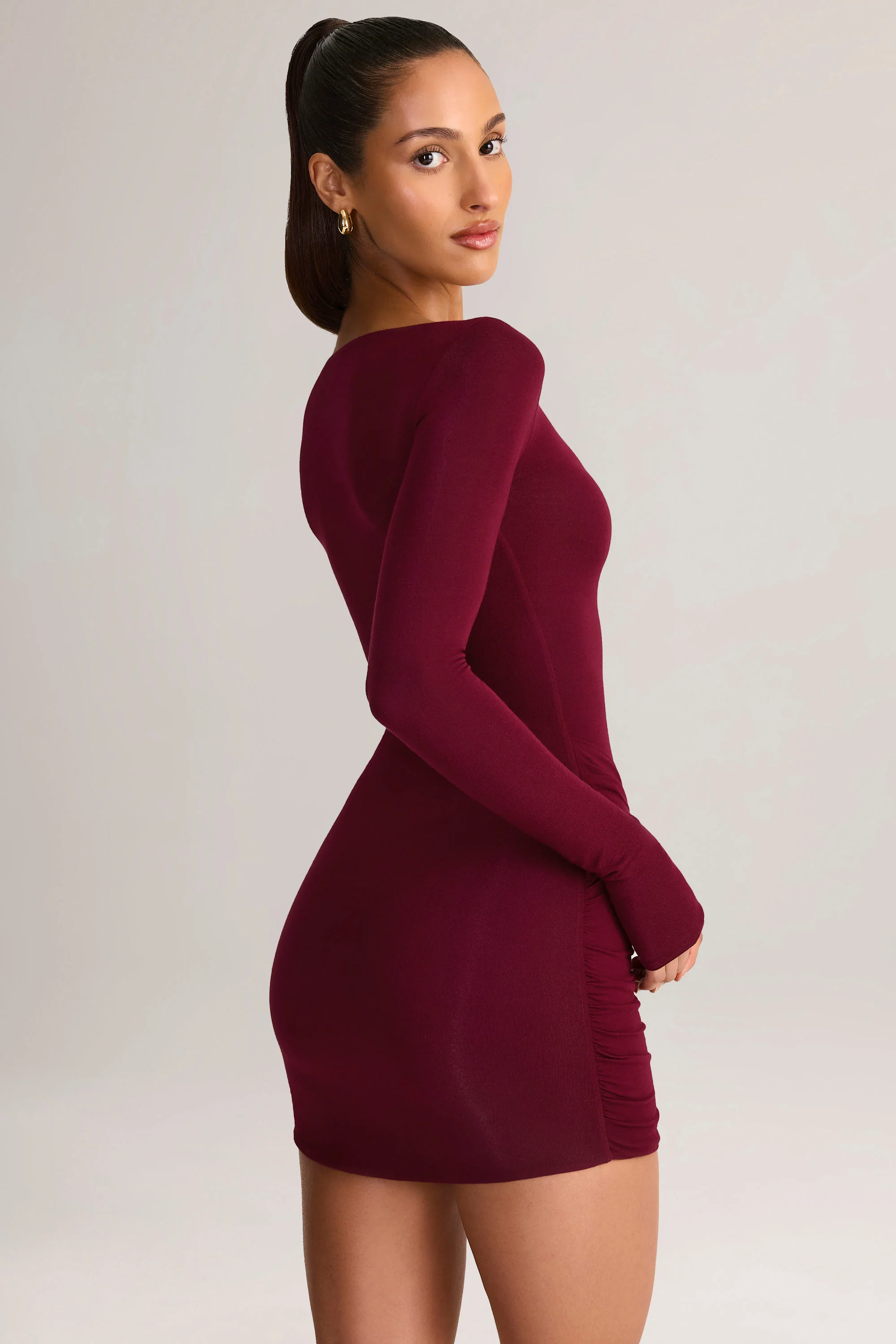 Modal Boat-Neck Draped Long-Sleeve Mini Dress in Wine - Image 6