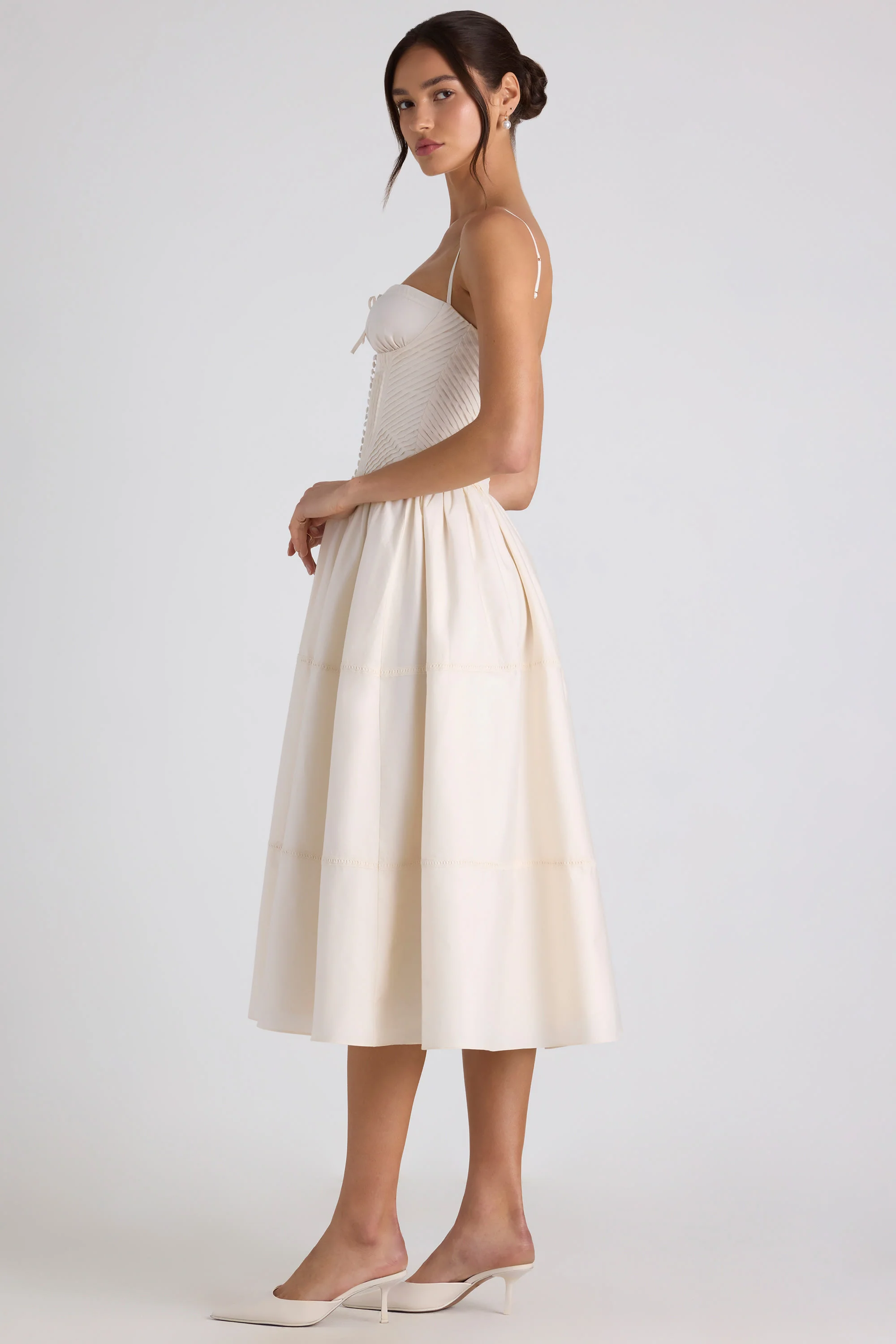 Lace-Trim Pintucked Poplin Midaxi Dress in Ivory - Image 3
