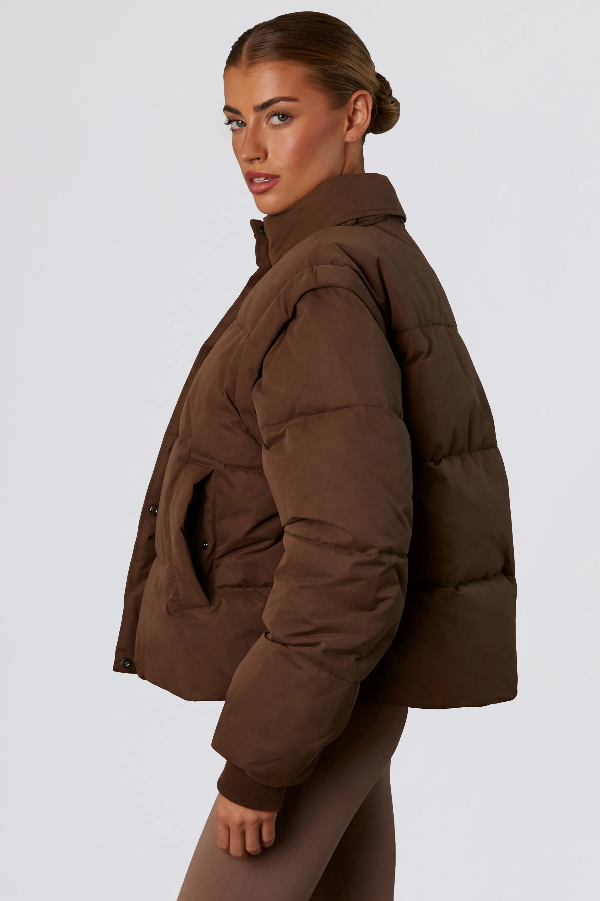 Cropped Puffer Jacket with Detachable Sleeves in Cocoa Brown - Image 3