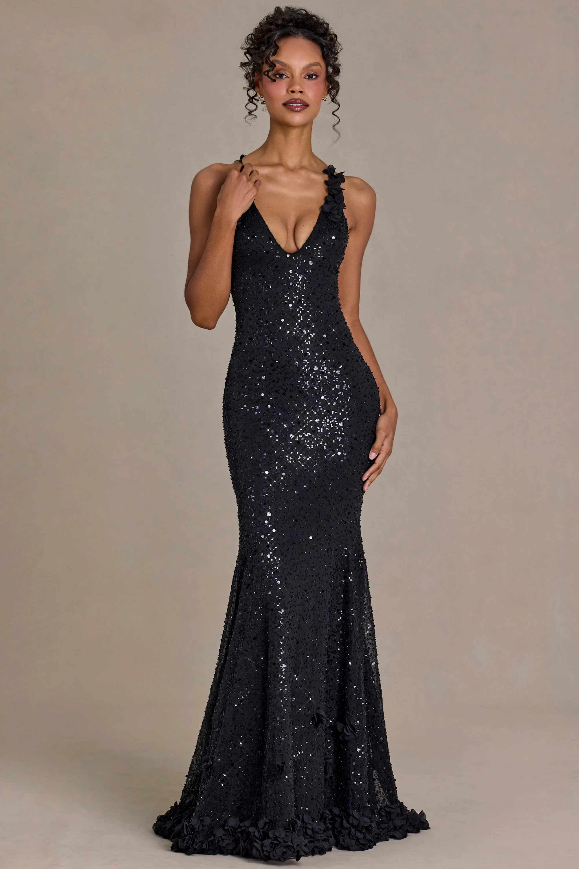 Embellished Plunge Open-Back Gown in Black - Image 8
