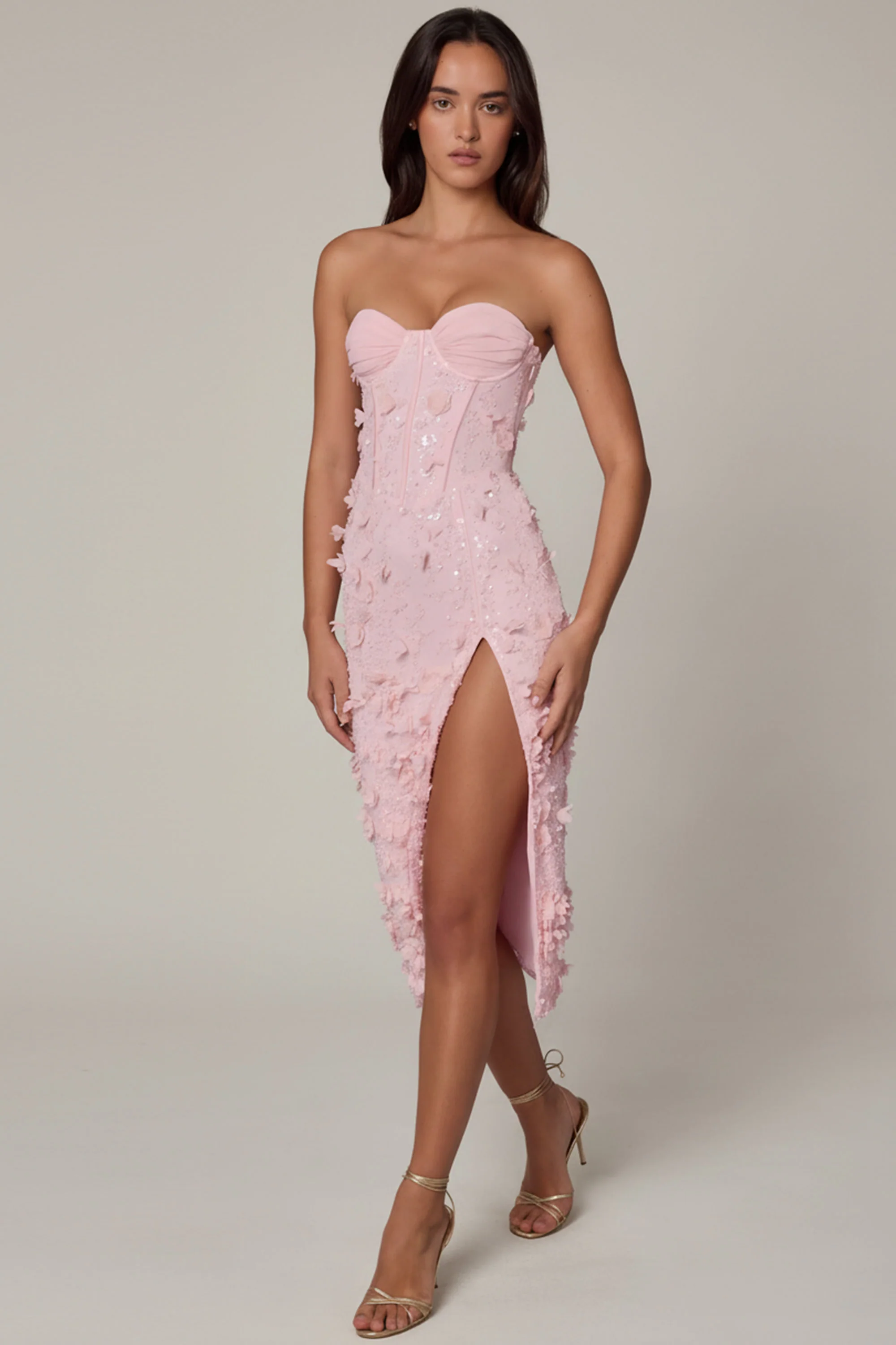 Lace-Up Corset Midaxi Dress with Split in Soft Pink - Image 6