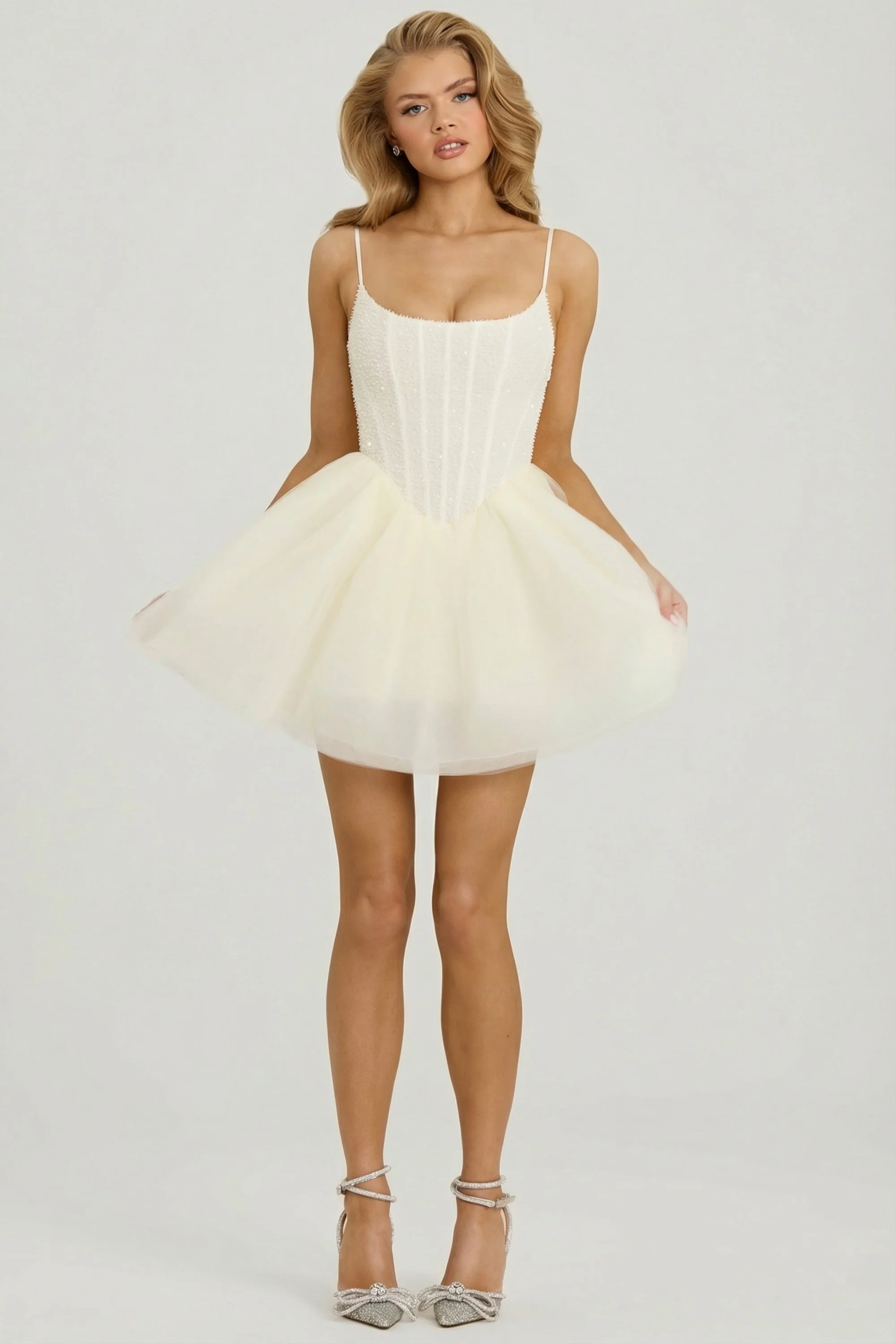 Embellished Corset Tulle Skirt Mini Dress in White - Image 4