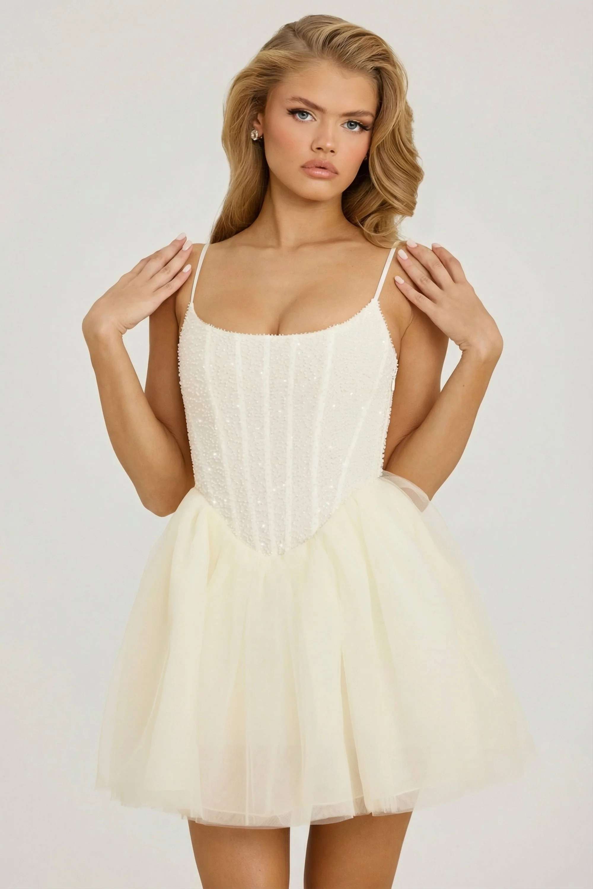 Embellished Corset Tulle Skirt Mini Dress in White - Image 6