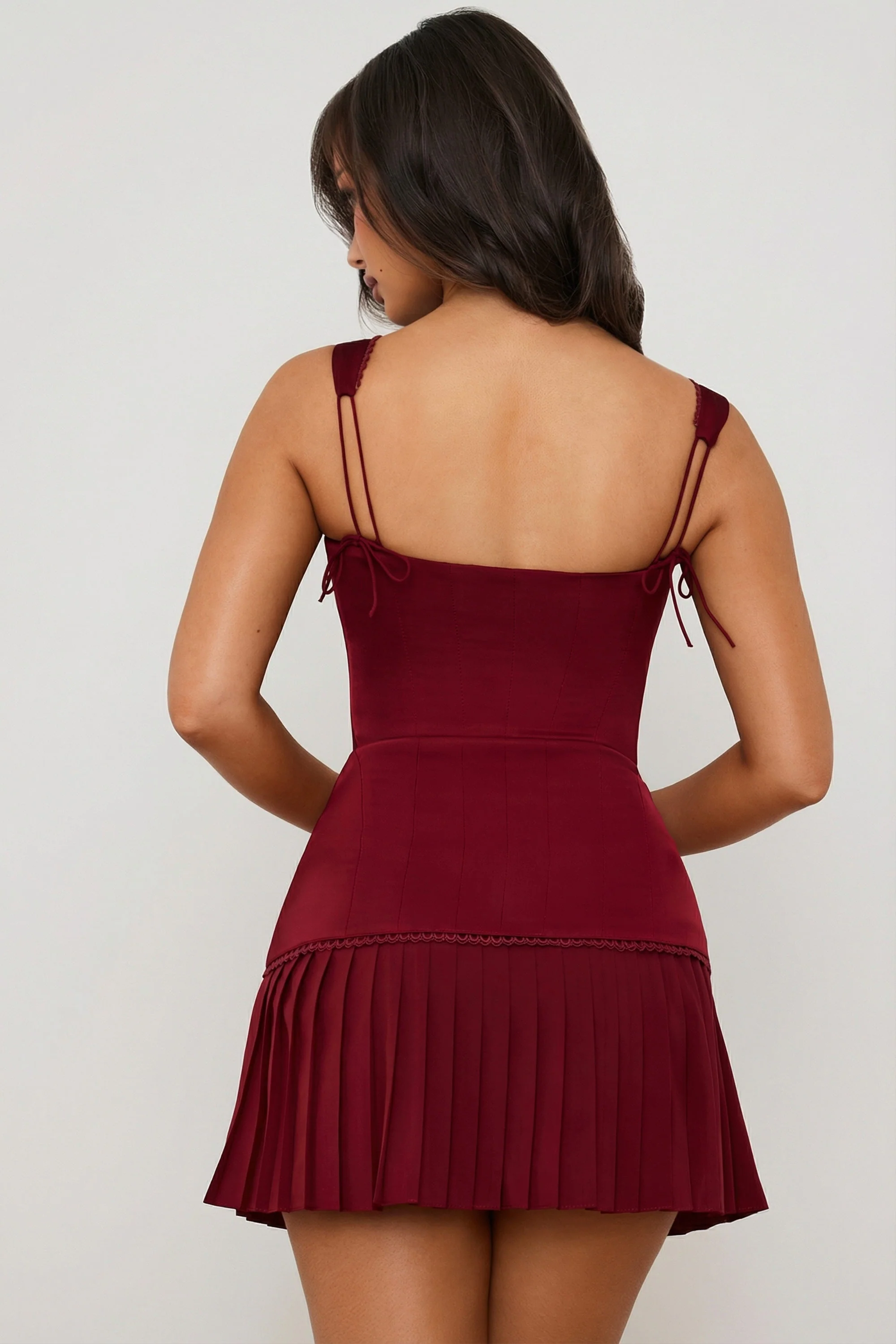 Bow-Detail Lace-Up Corset Mini Dress in Berry Red - Image 2
