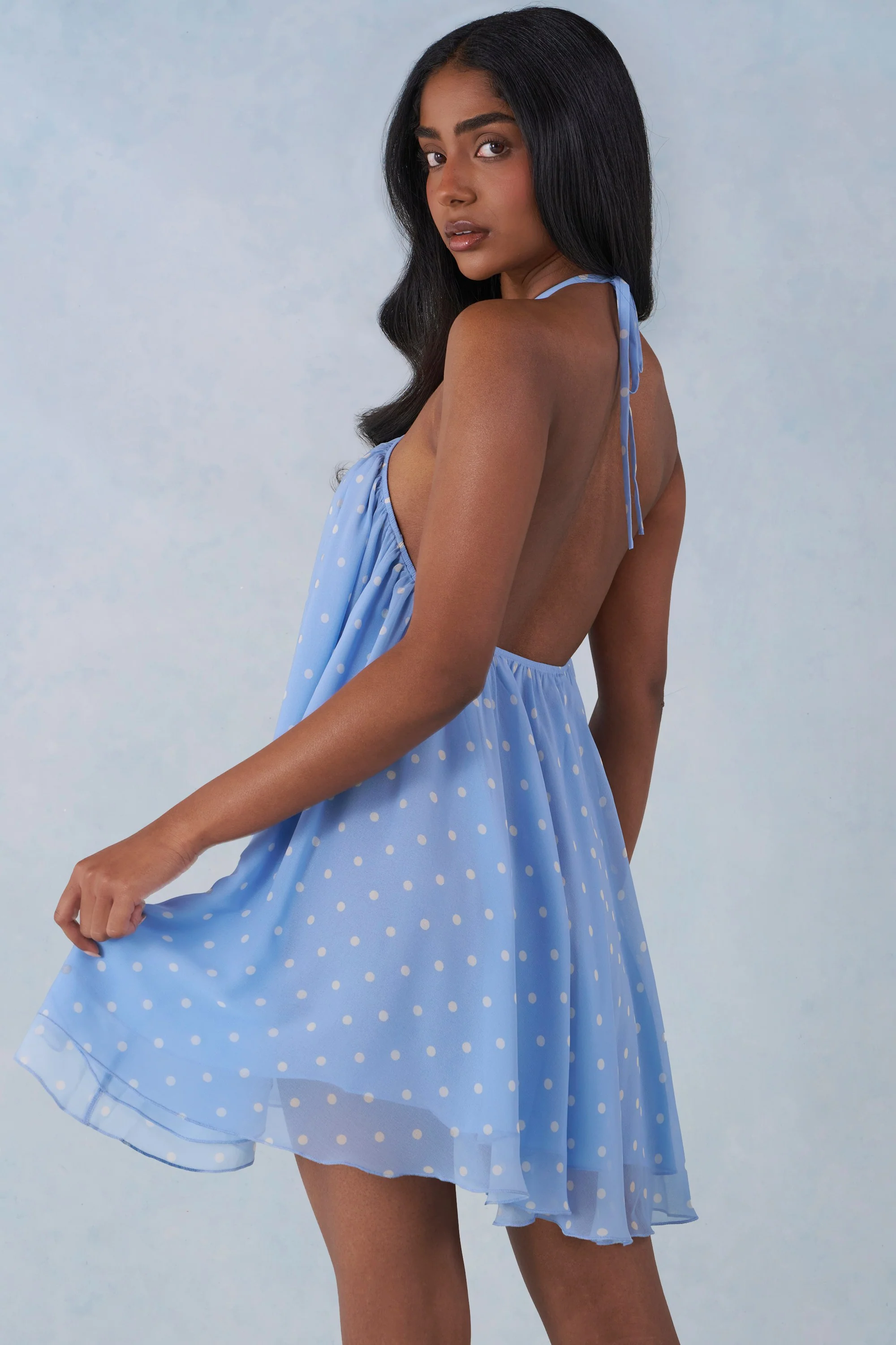 Halterneck Babydoll Mini Dress in Blue Polka Dot Print - Image 2