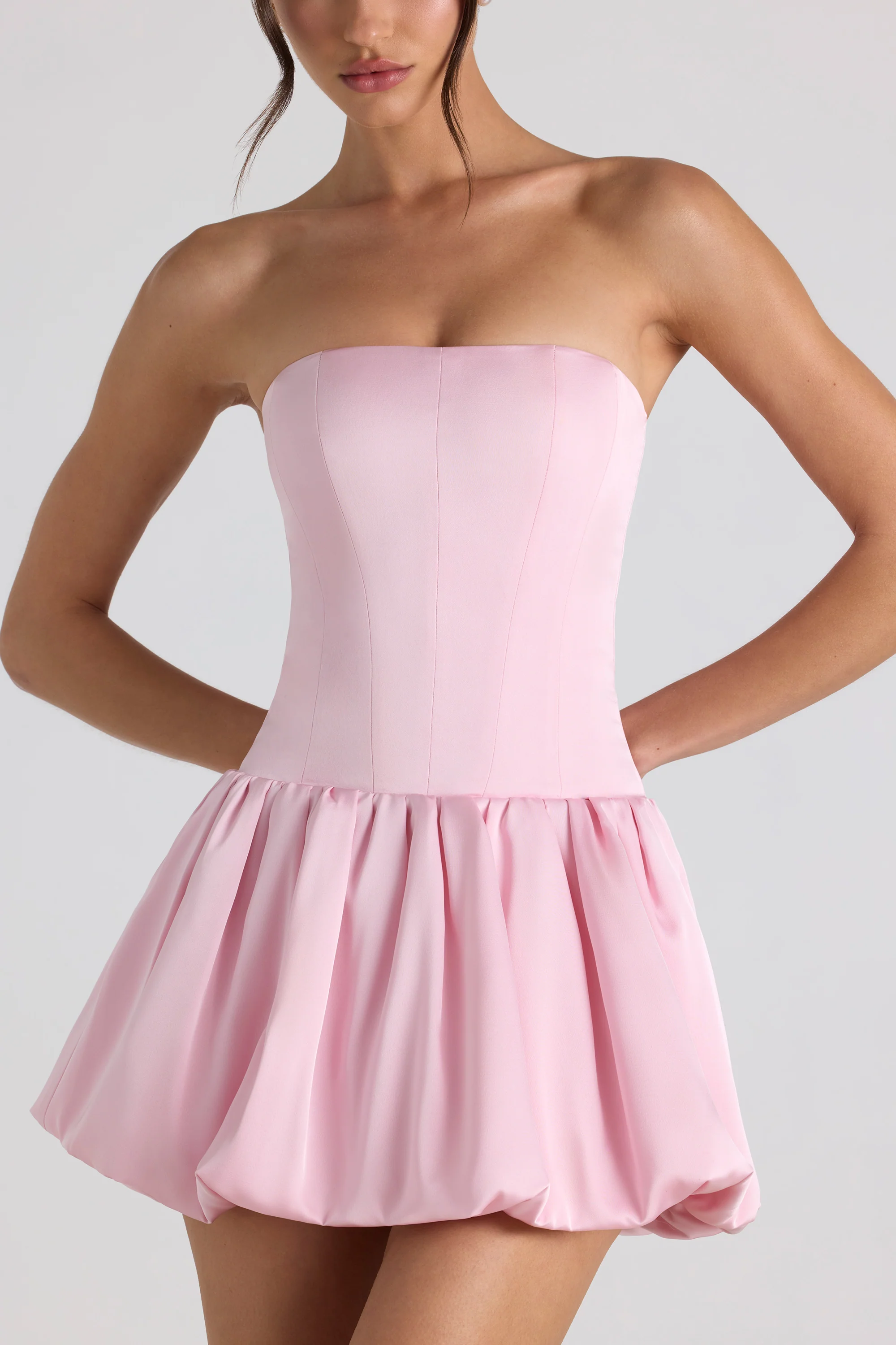 Lace-Up Bubble Hem Corset Mini Dress in Soft Pink - Image 4