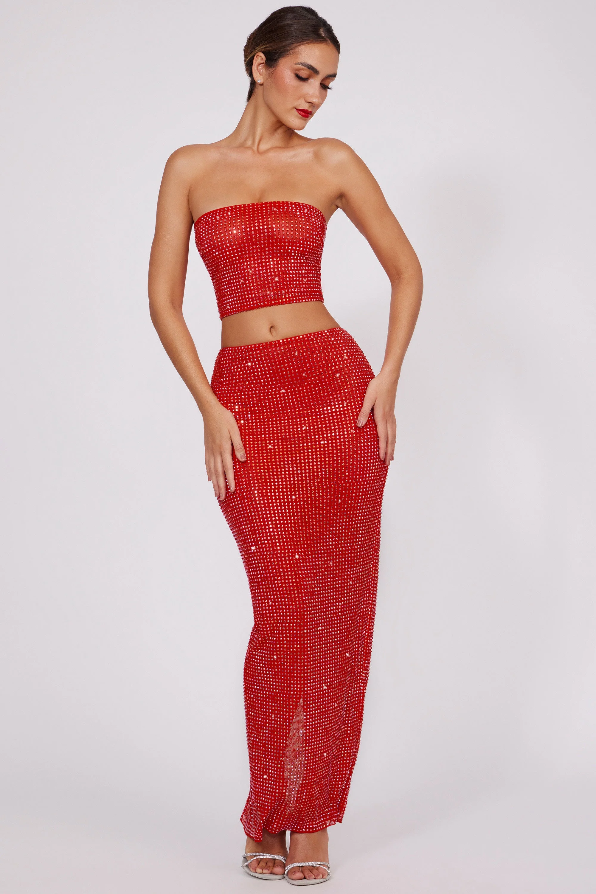 Embellished Mid Rise Maxi Skirt in Fire Red - Image 7