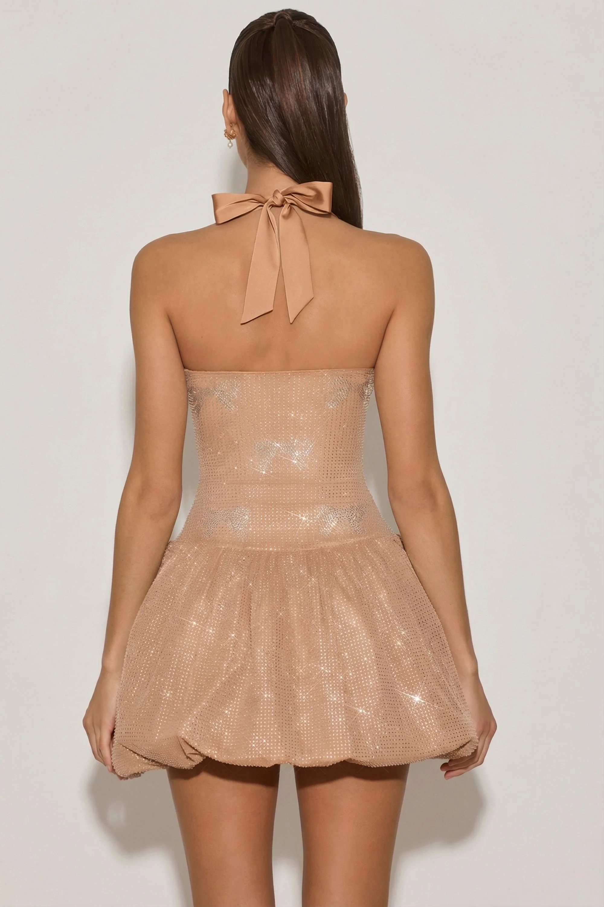 Embellished Halterneck Bubble Hem Mini Dress in Almond - Image 2