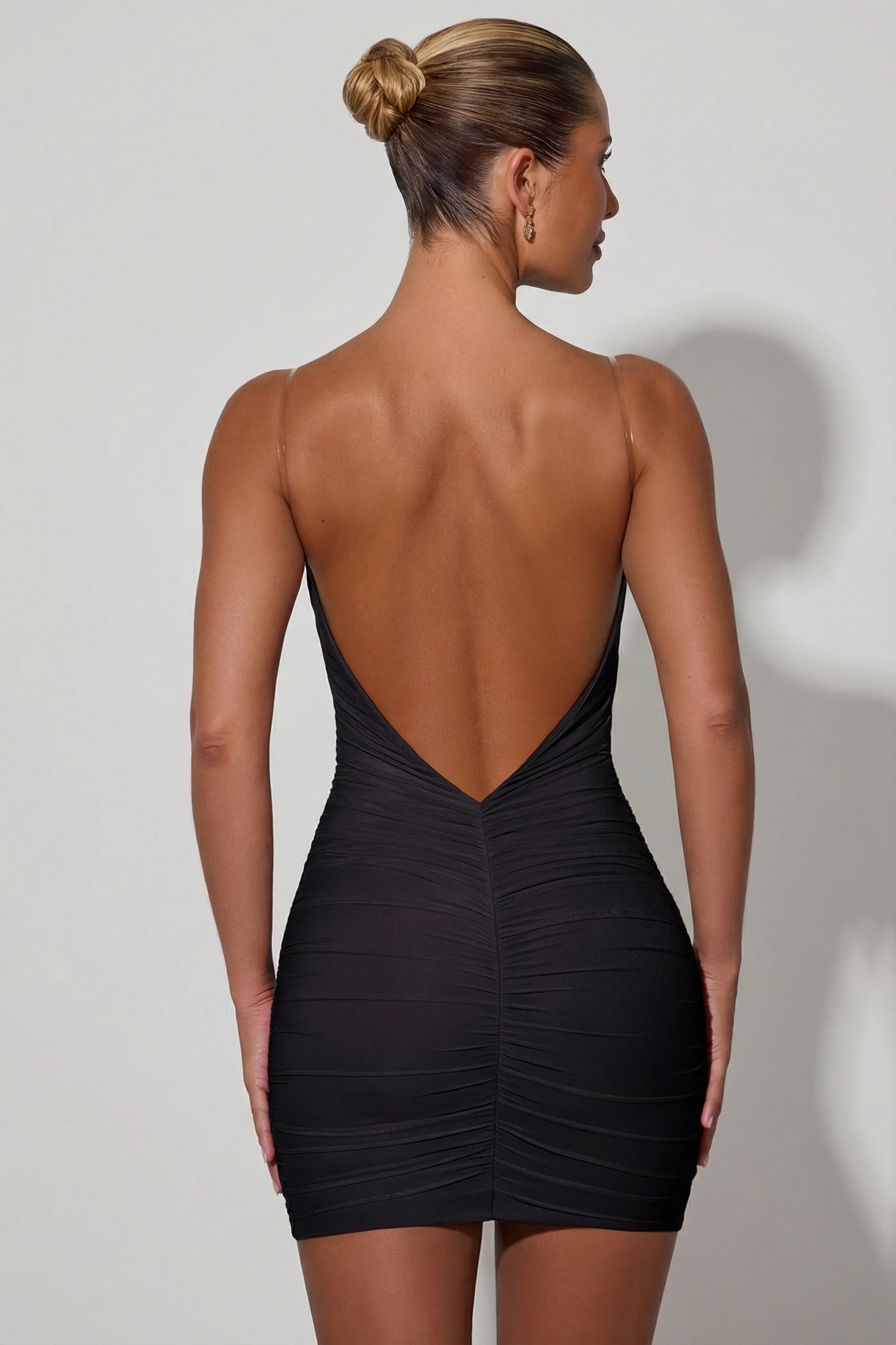 Ruched Backless Bodycon Mini Dress in Black - Image 2