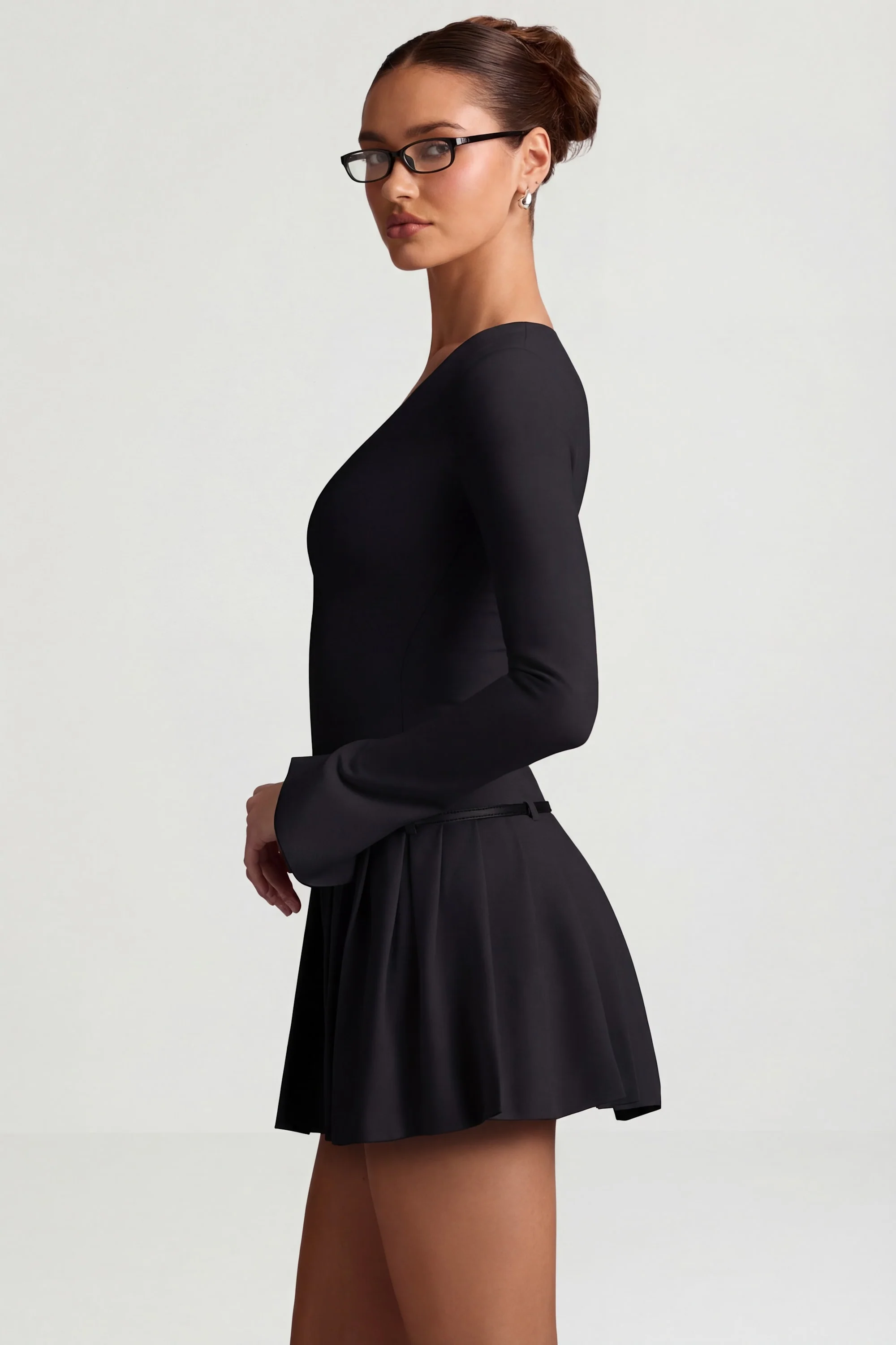 Long-Sleeve Pleated Mini Dress in Black - Image 3