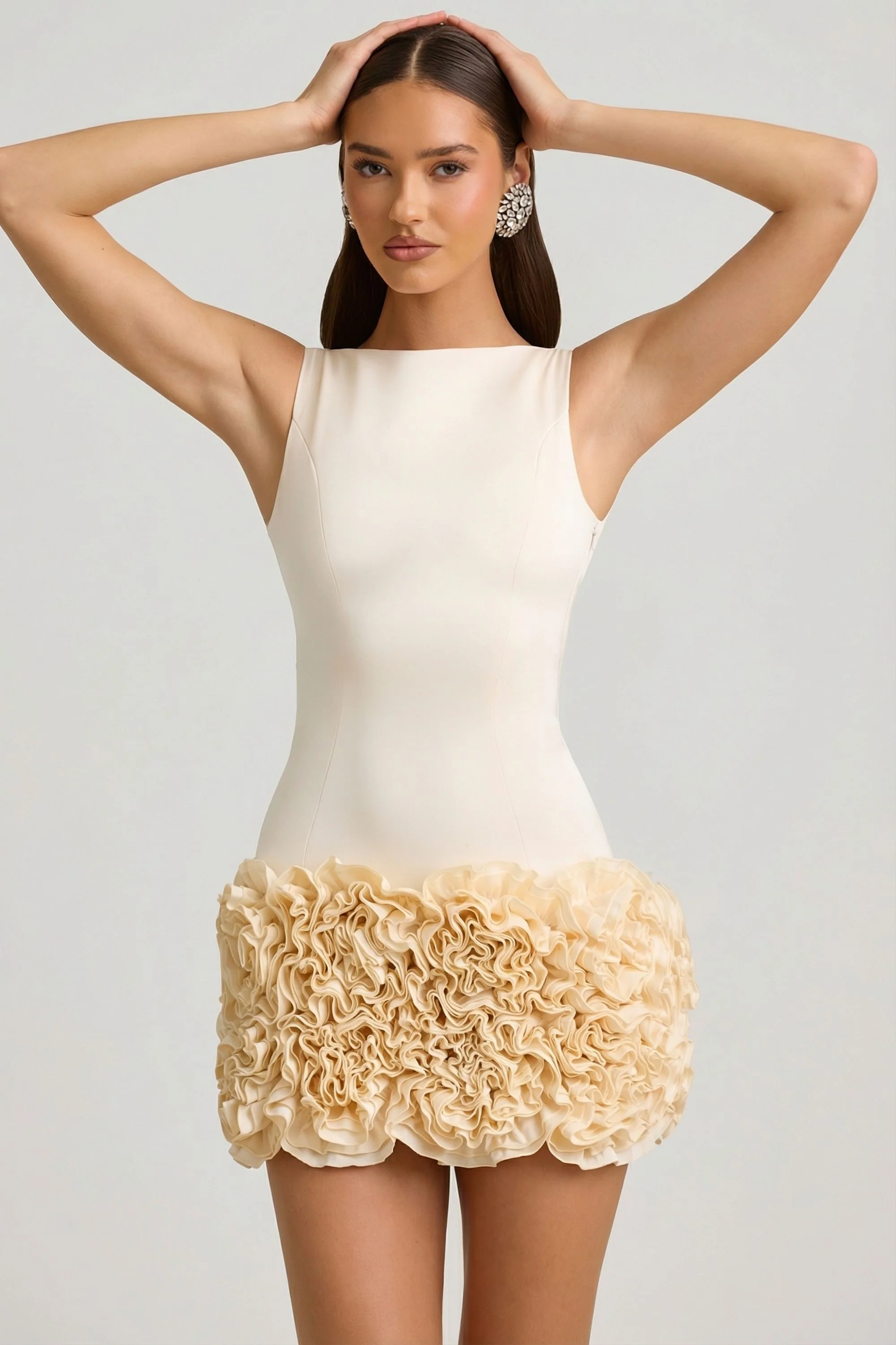 Satin Floral Appliqué Open-Back Mini Dress in Ivory - Image 9