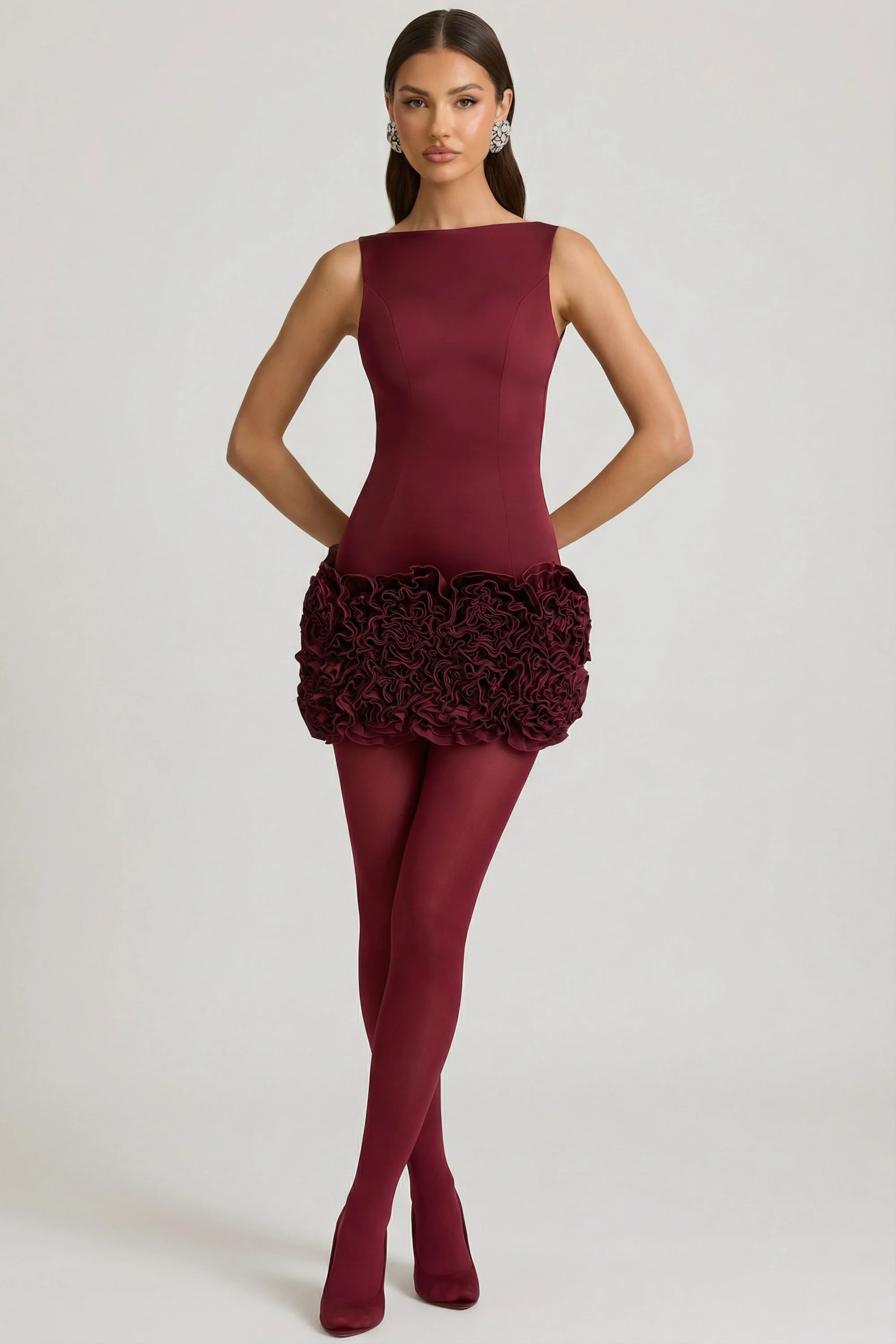 Satin Floral Appliqué Open-Back Mini Dress in Wine Red - Image 3