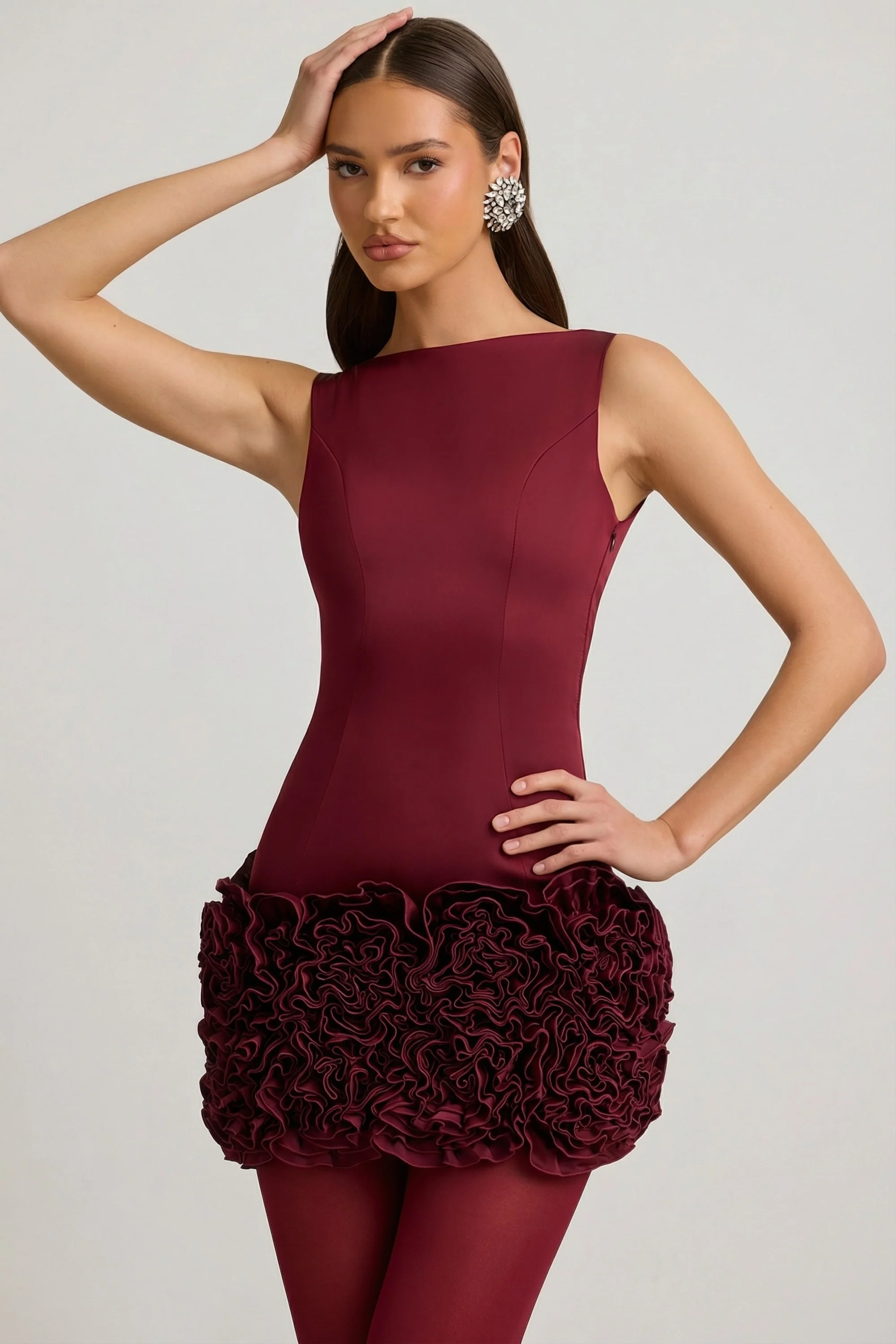 Satin Floral Appliqué Open-Back Mini Dress in Wine Red - Image 7