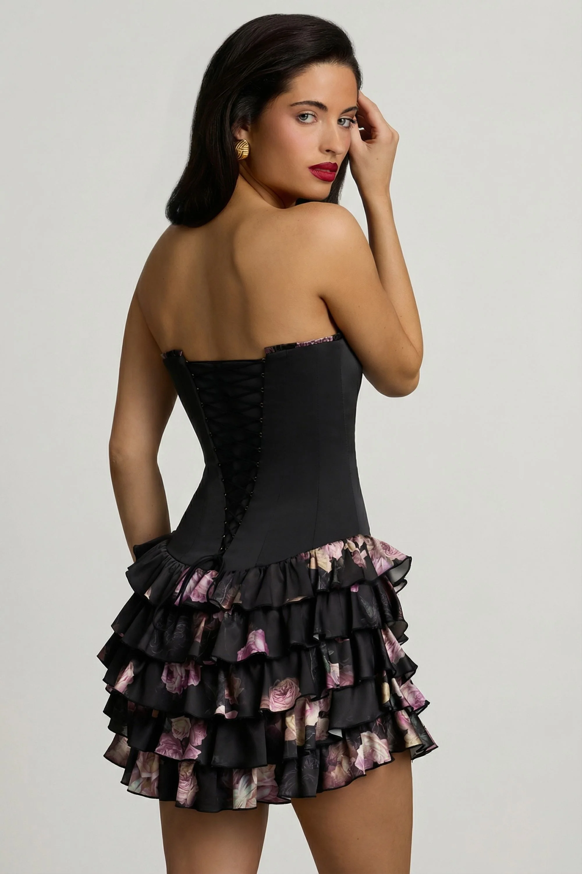 Strapless Ruffled Tiered Corset Mini Dress in Black Floral Print - Image 10