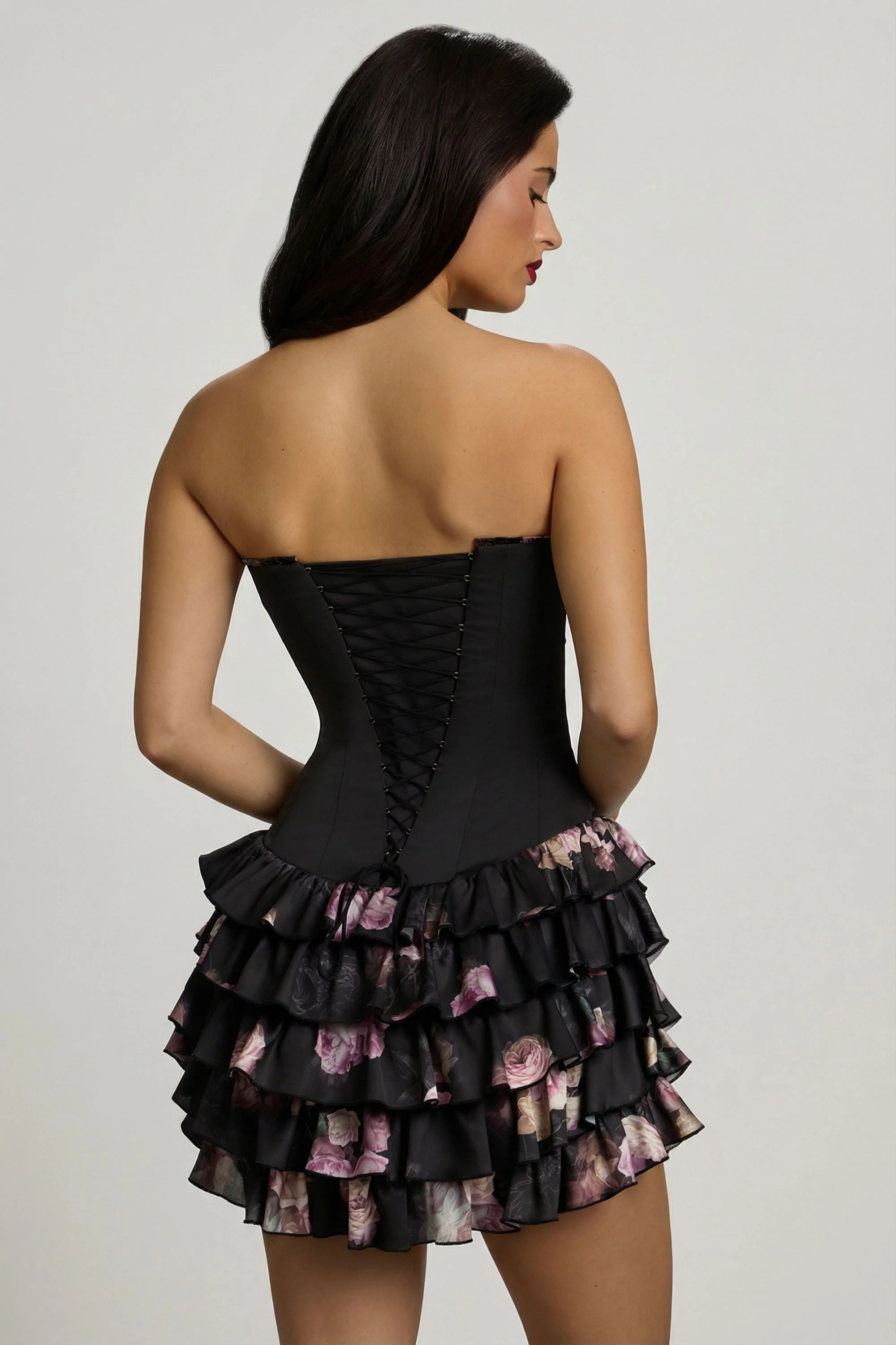 Strapless Ruffled Tiered Corset Mini Dress in Black Floral Print - Image 14