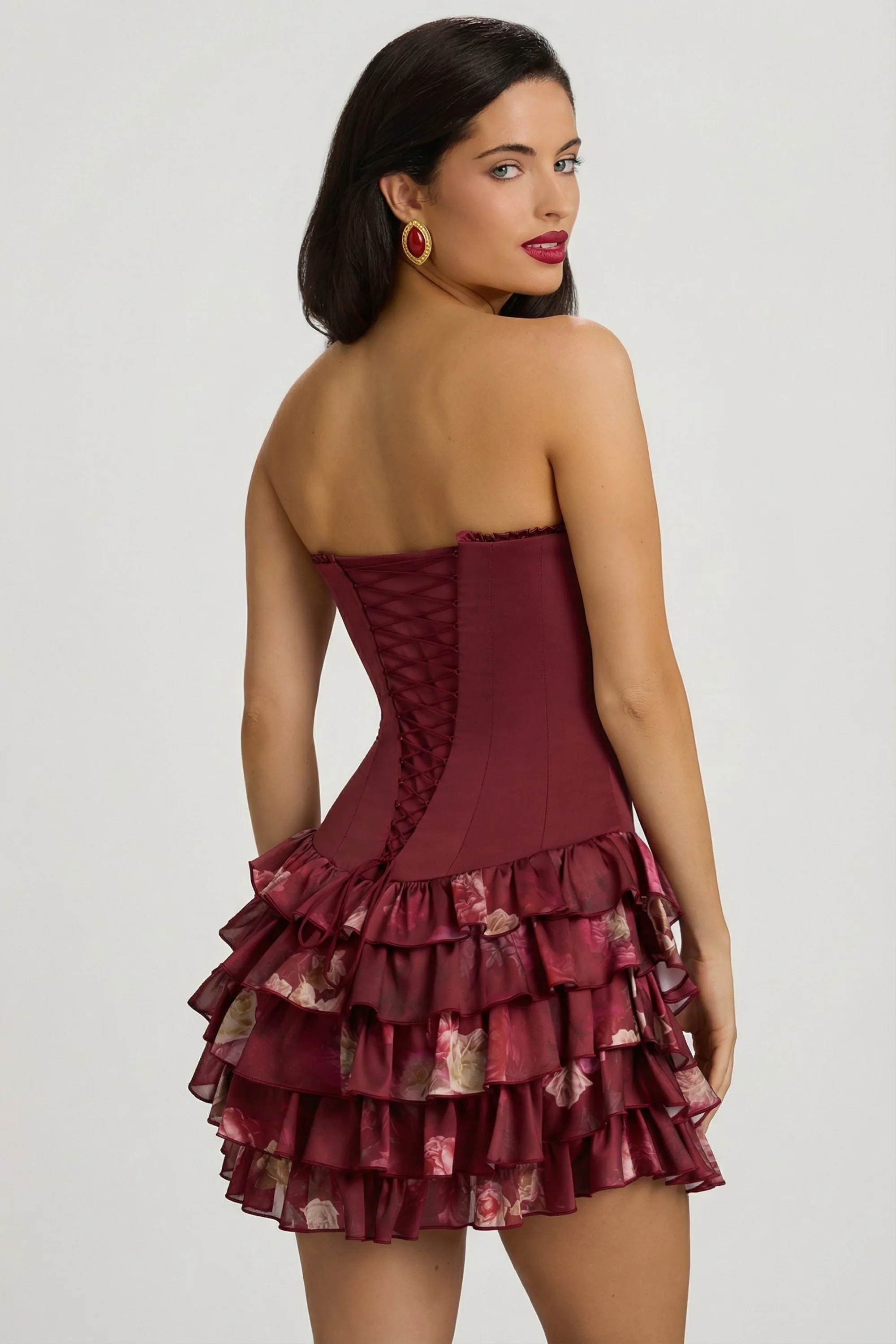 Strapless Ruffled Tiered Corset Mini Dress in Maroon Floral Print - Image 10