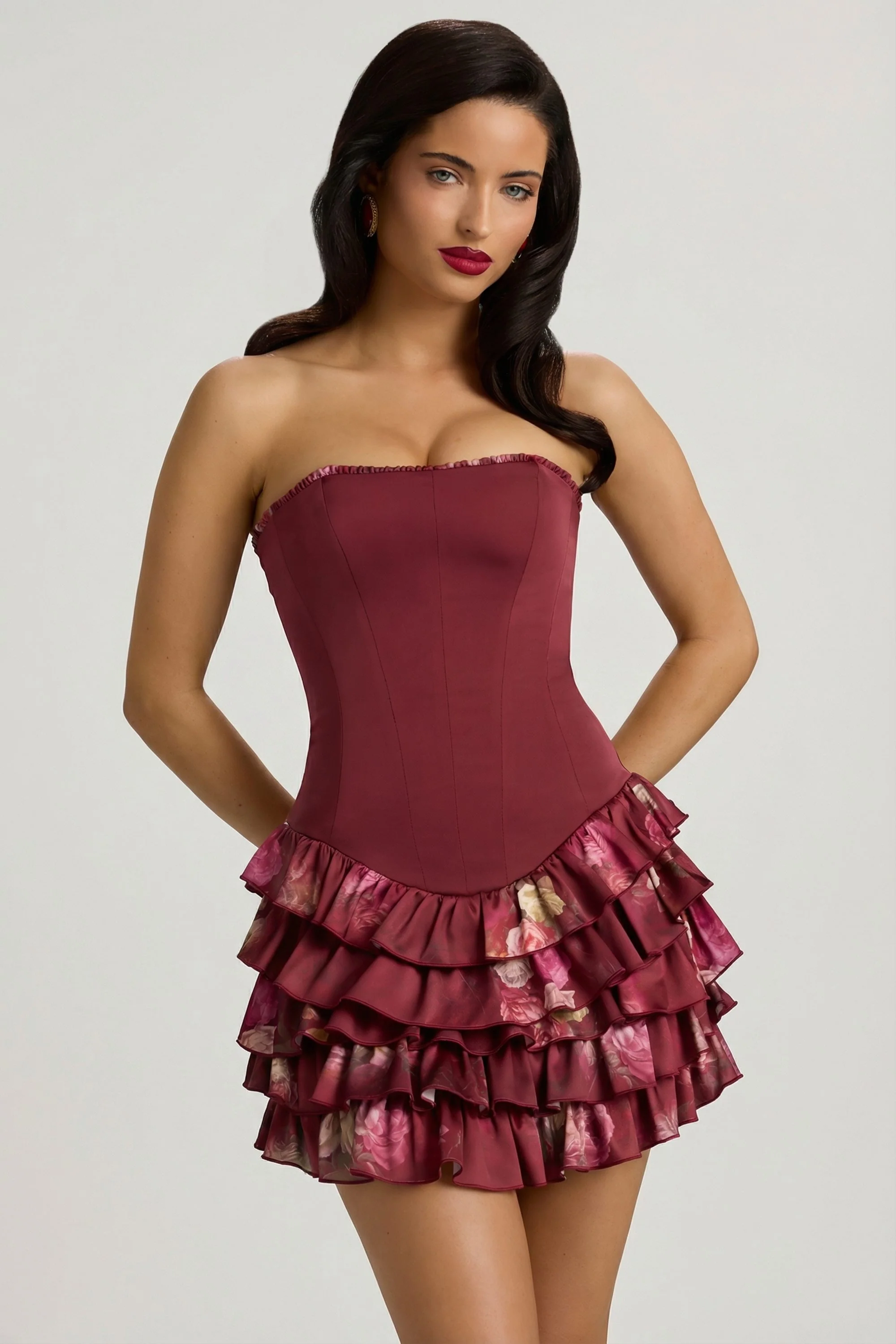 Strapless Ruffled Tiered Corset Mini Dress in Maroon Floral Print - Image 9