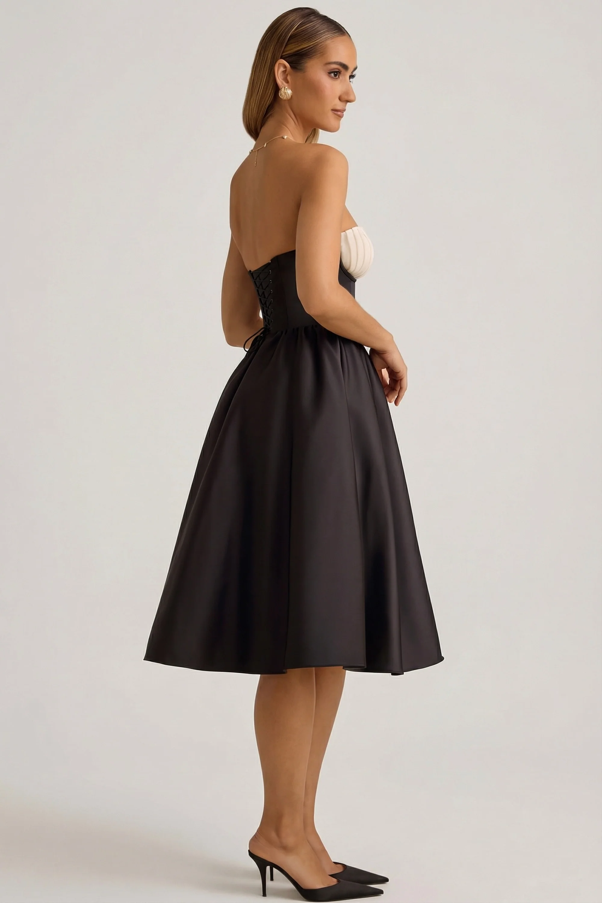 Strapless Corset Midi Dress in Black - Image 3