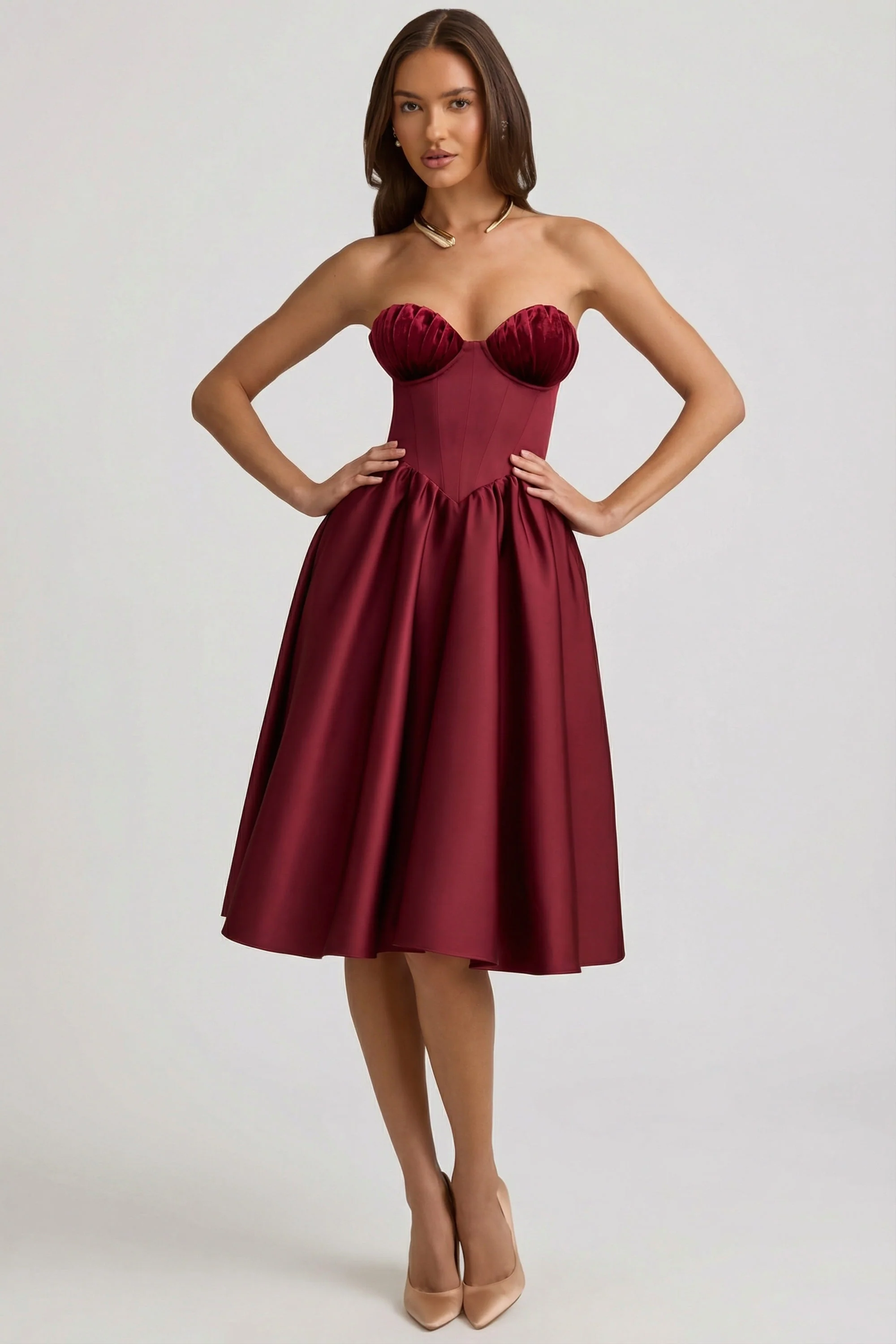 Strapless Corset Midi Dress in Wine Red - Image 5