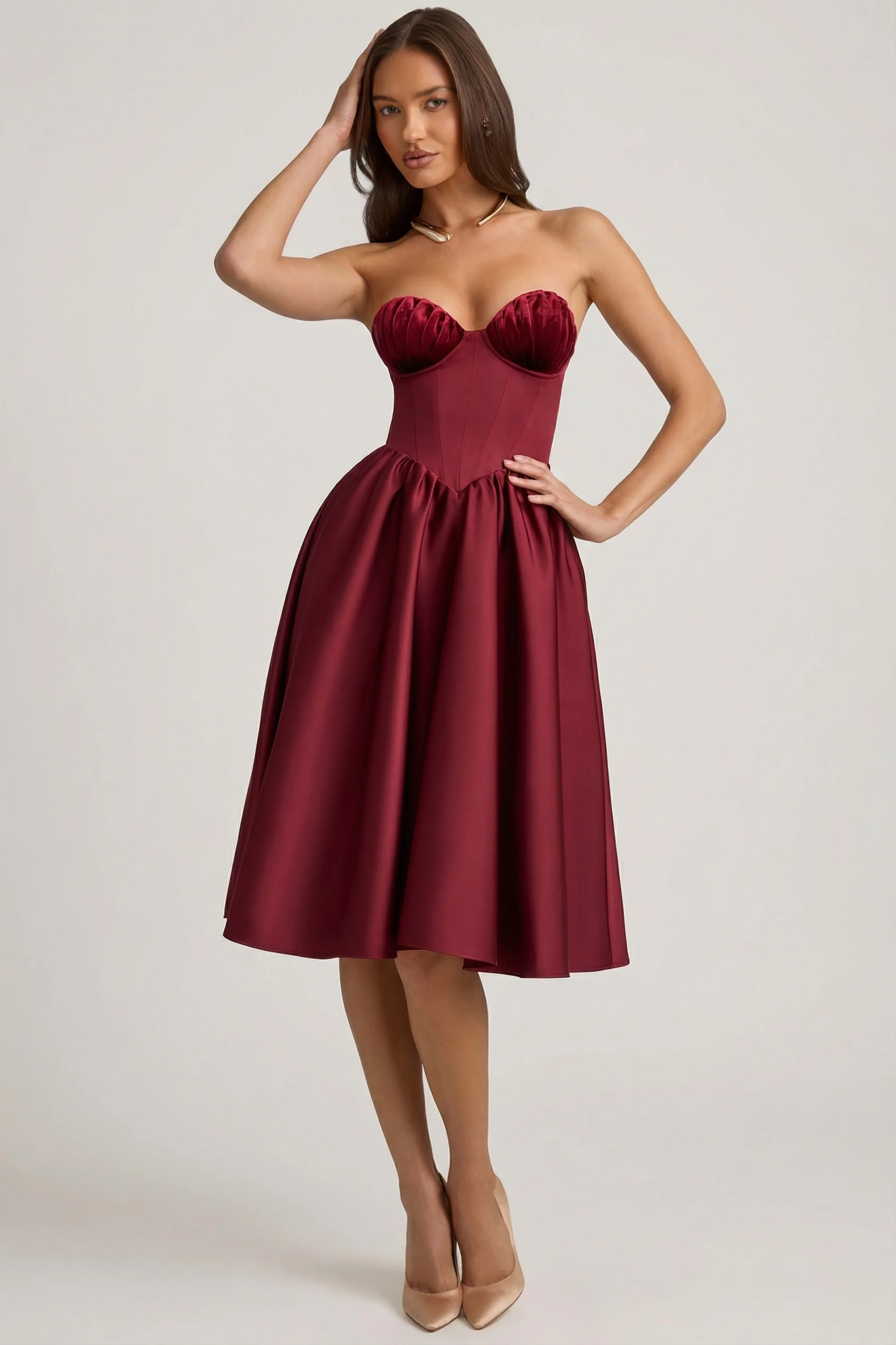 Strapless Corset Midi Dress in Wine Red - Image 6