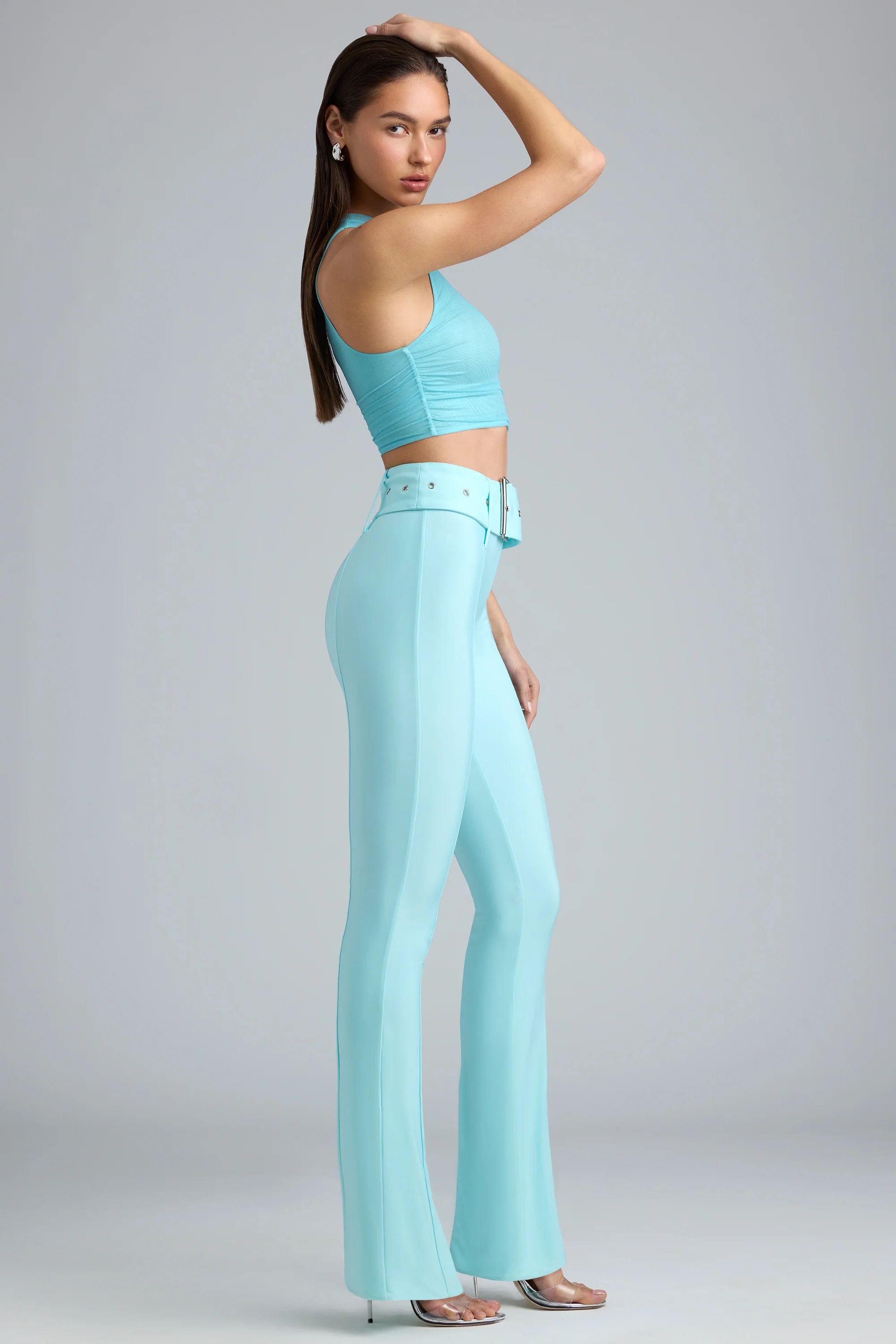 Metallic Belted Mid-Rise Flared Trousers in Ice Blue - Image 3