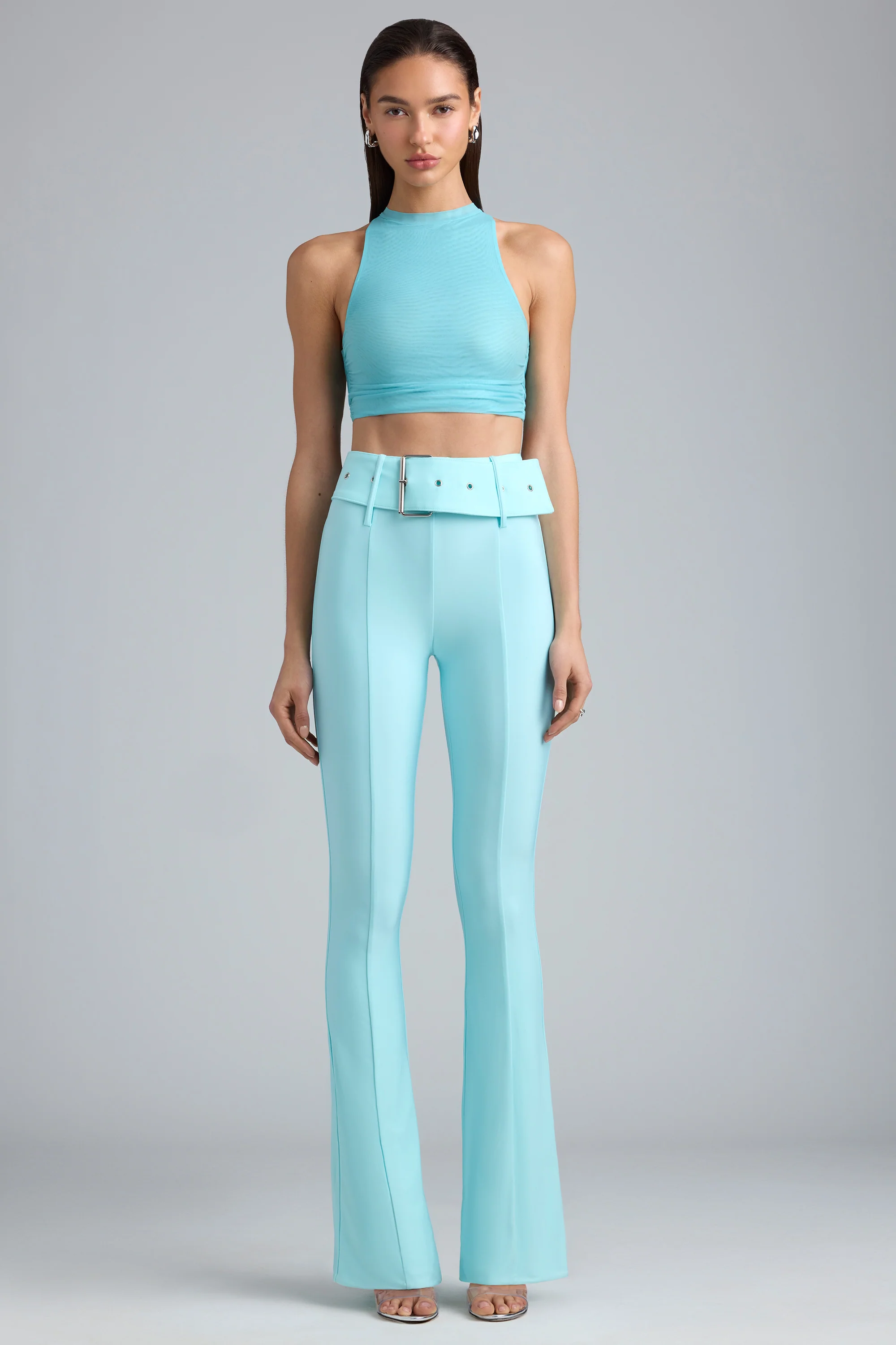 Metallic Belted Mid-Rise Flared Trousers in Ice Blue - Image 5