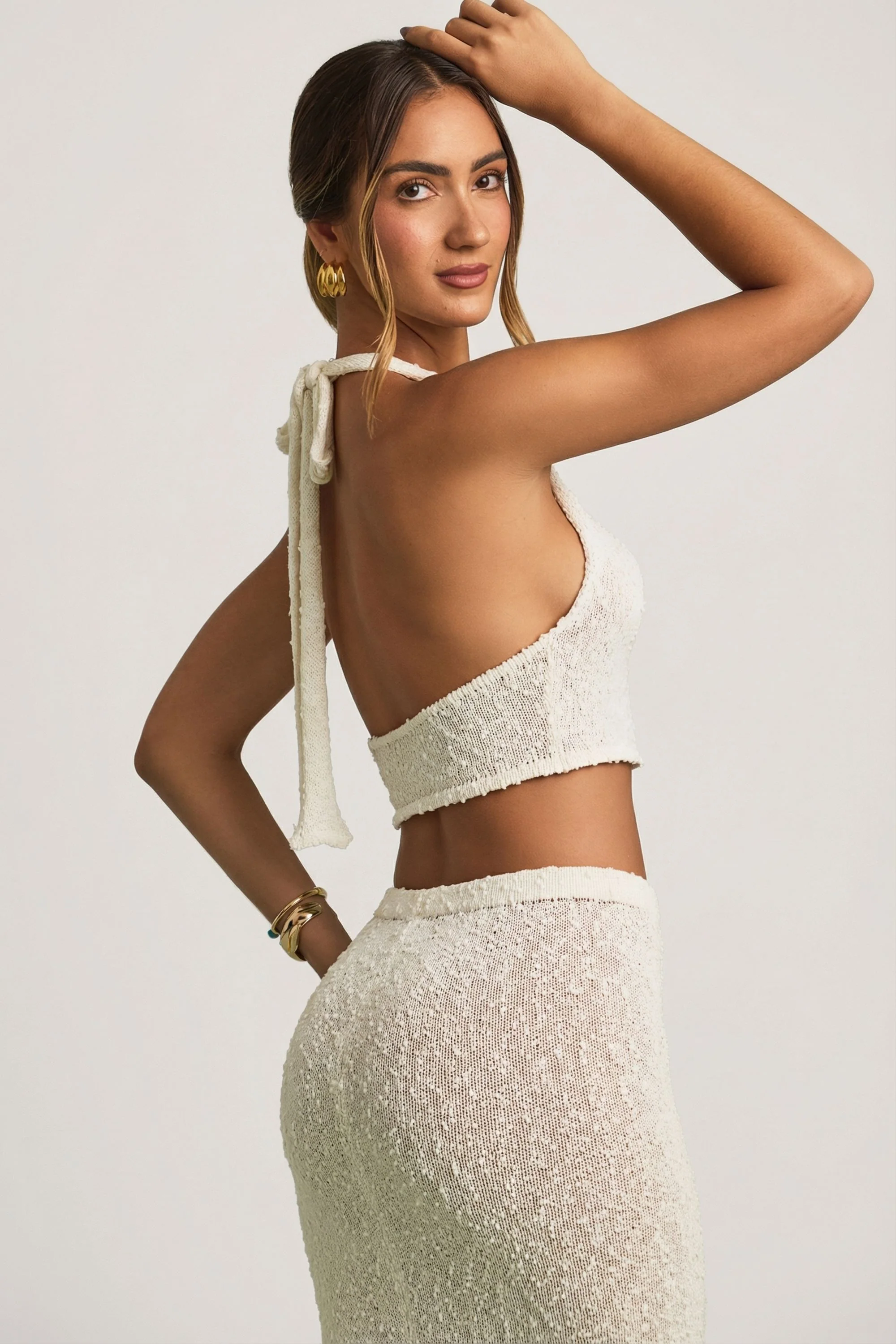 Bouclé Halterneck Crop Top in White - Image 2