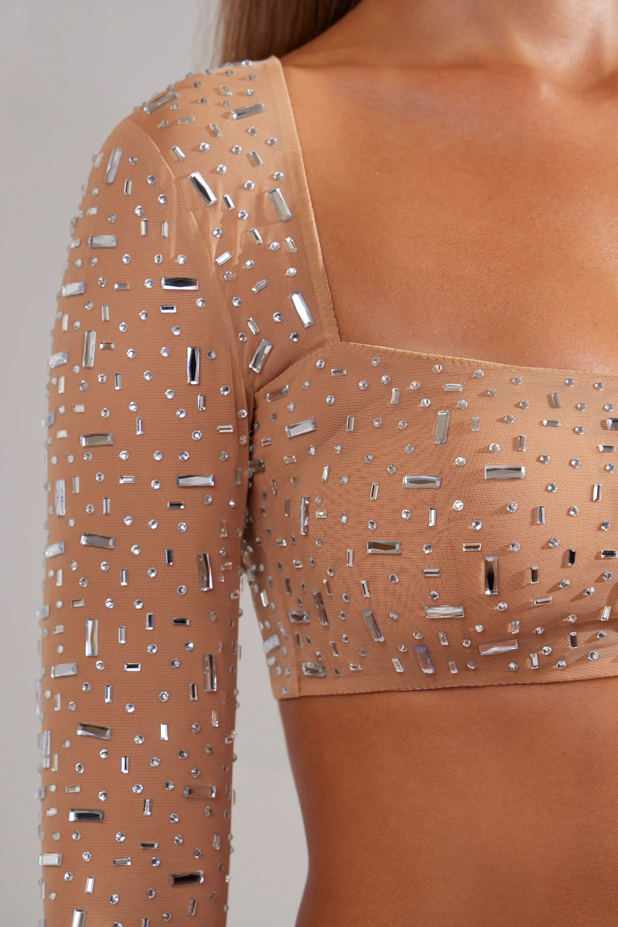 Sheer Embellished Long Sleeve Crop Top in Almond - Image 4