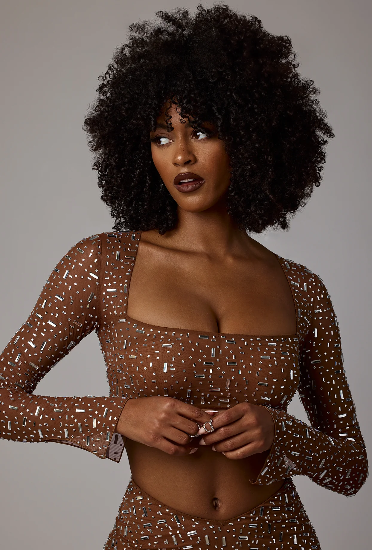 Sheer Embellished Long Sleeve Crop Top in Mocha - Image 6