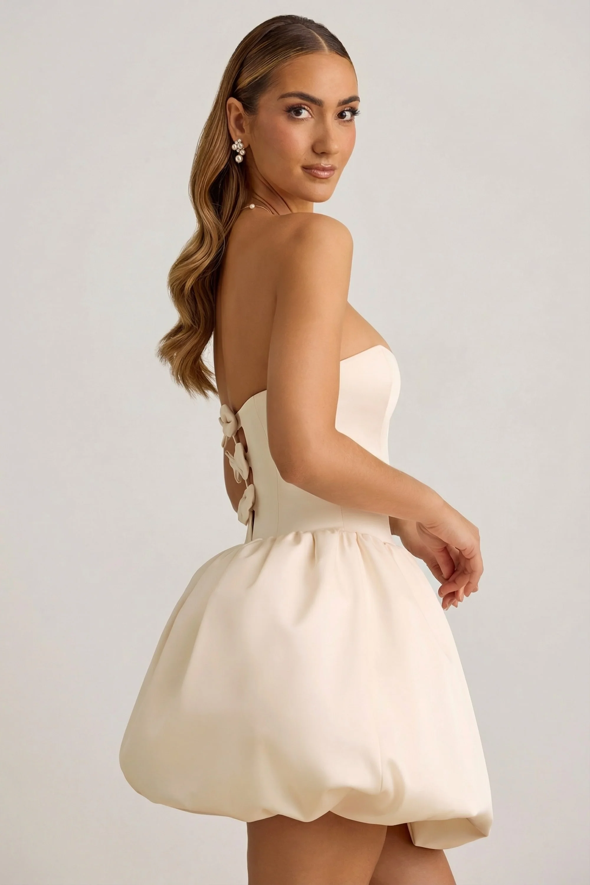 Convertible Bow-Detail Bubble Hem Midaxi Dress in Ivory - Image 3