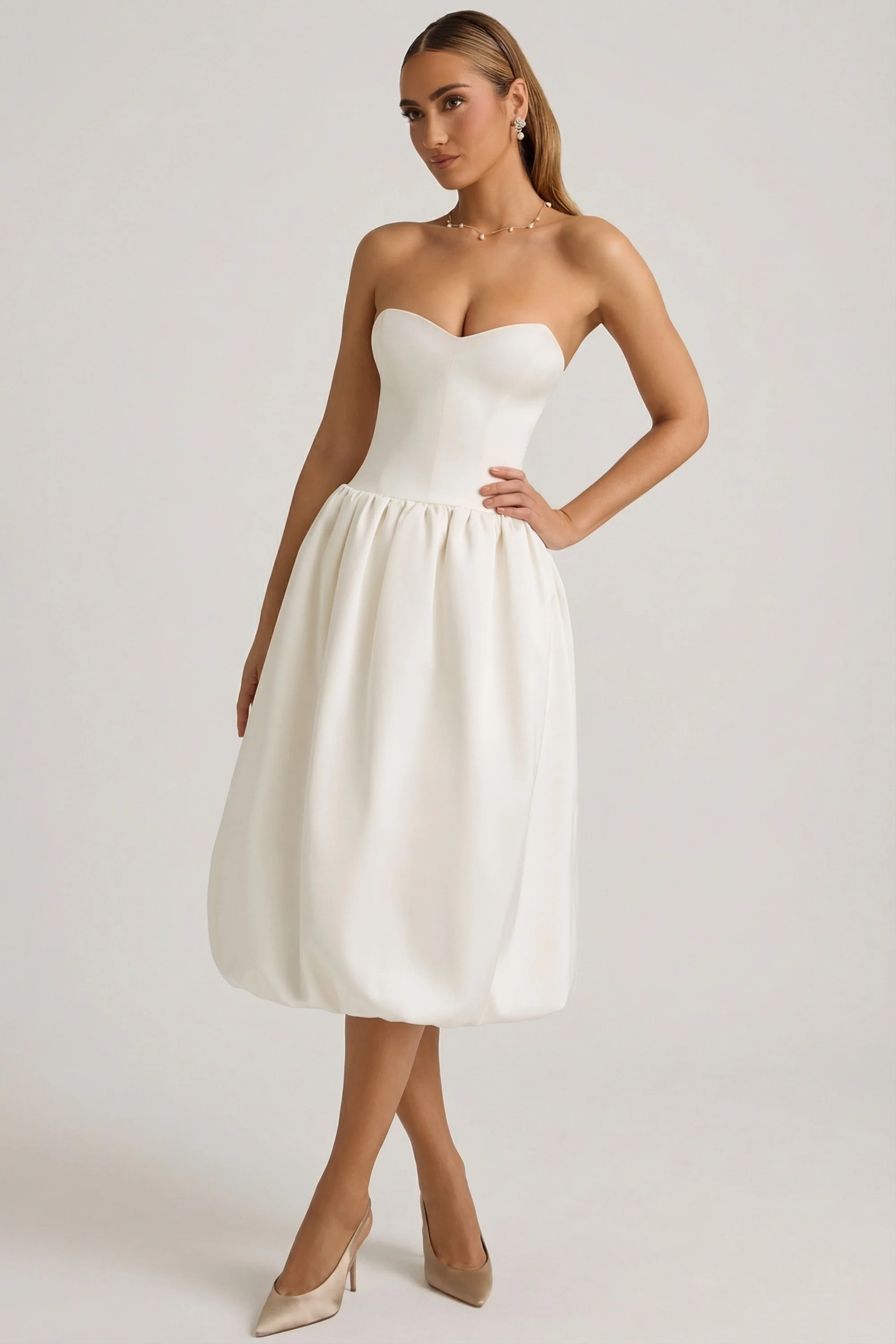 Convertible Bow-Detail Bubble Hem Midaxi Dress in Ivory - Image 5